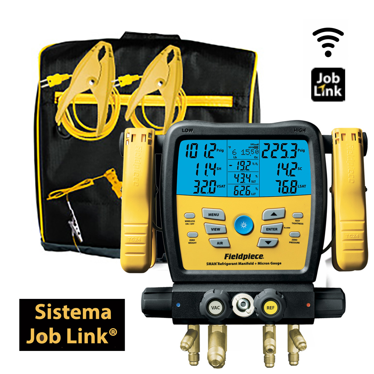 Fieldpiece USA - SM480V INT - Gruppo Manometrico Digitale SMAN® a 4 porte e misuratore di vuoto con lettura anche in micron (sistema wireless Job Link) - Rapporto di Taratura incluso