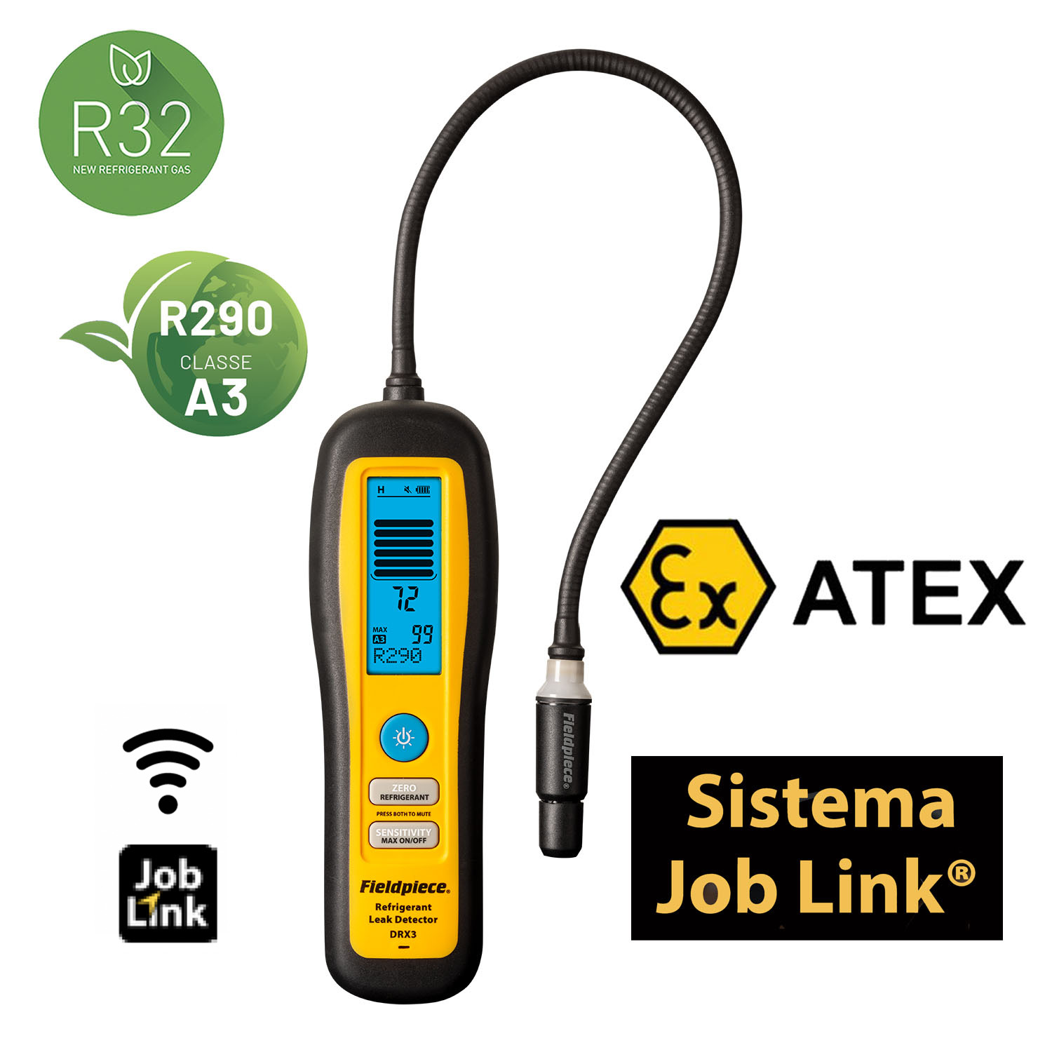 FieldPiece USA - DRX3 - Cercafughe portatile di perdite refrigerante - classificato ATEX, a diodo riscaldato con monitor LCD
