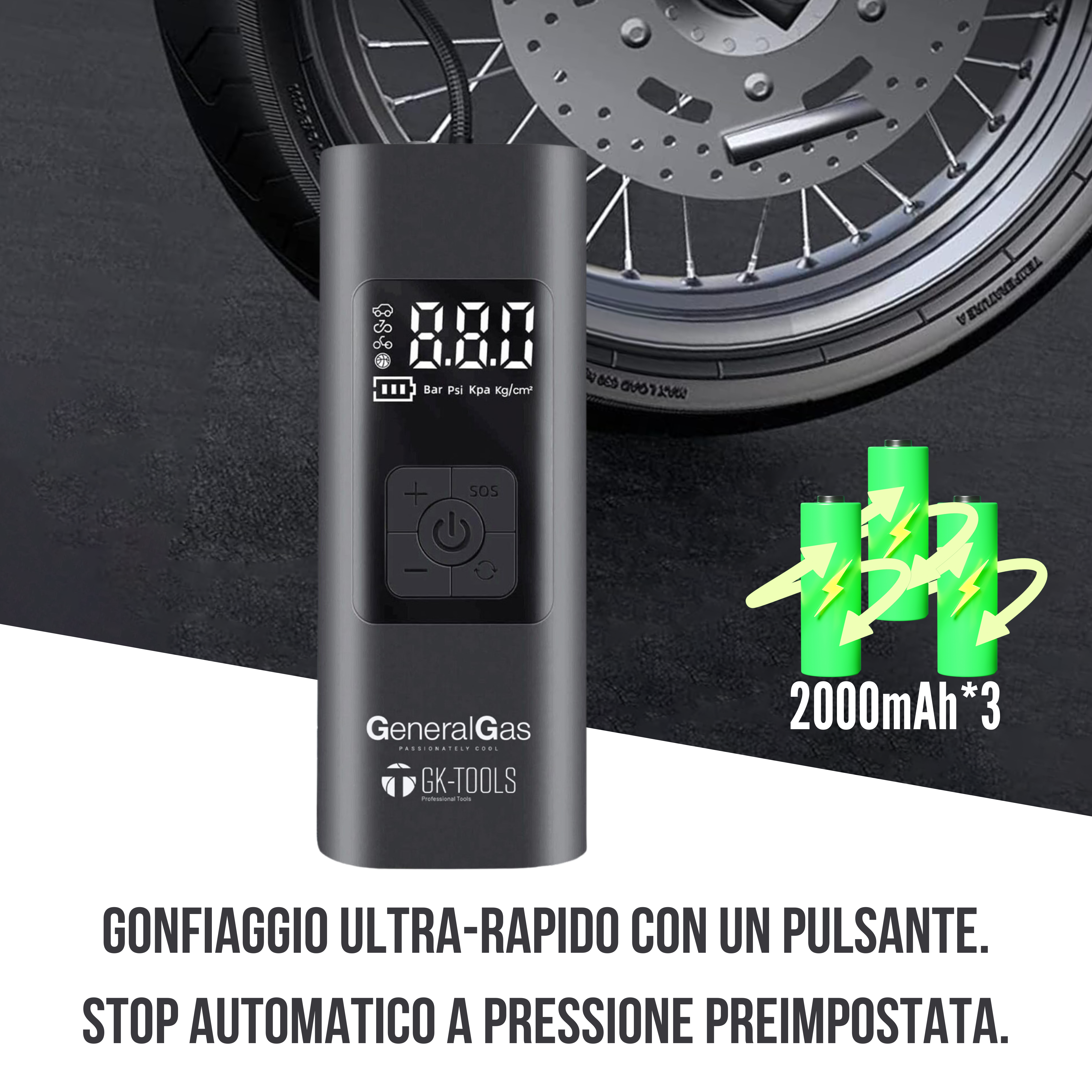 Compressore Portatile a Batteria Ricaricabile con Cavo USB e Presa Accendisigari - Portata 20 litri/minuto, Pressione Max 10,8 bar - Foto 4