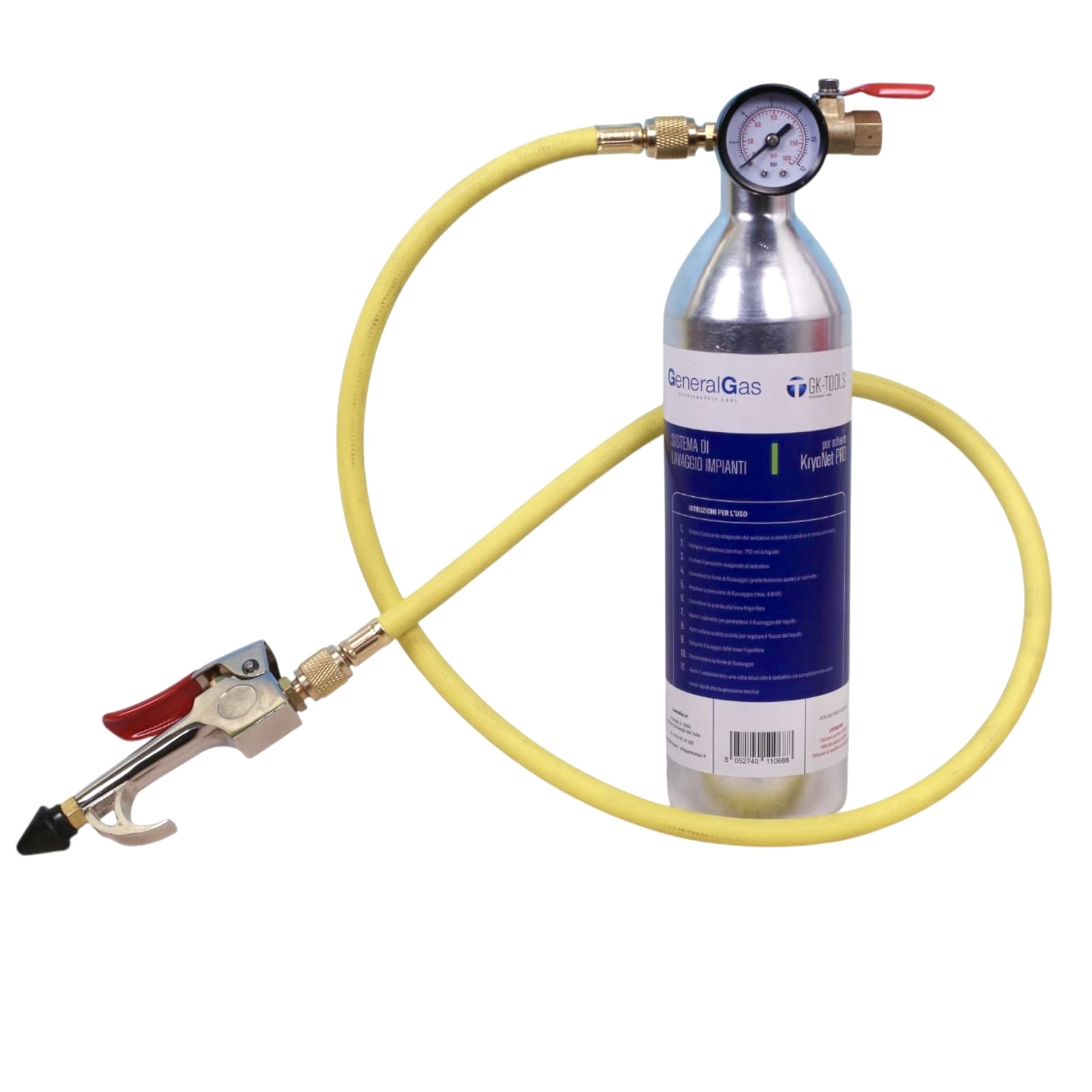 Kit di lavaggio linee frigorifere,  composto da serbatoio 0,75 lt., pistola, tubazione flessibile, manometro e raccordo con valvola a sfera (utilizzo con solvente liquido KryoNet PRO) - Confezione n° 1 pz