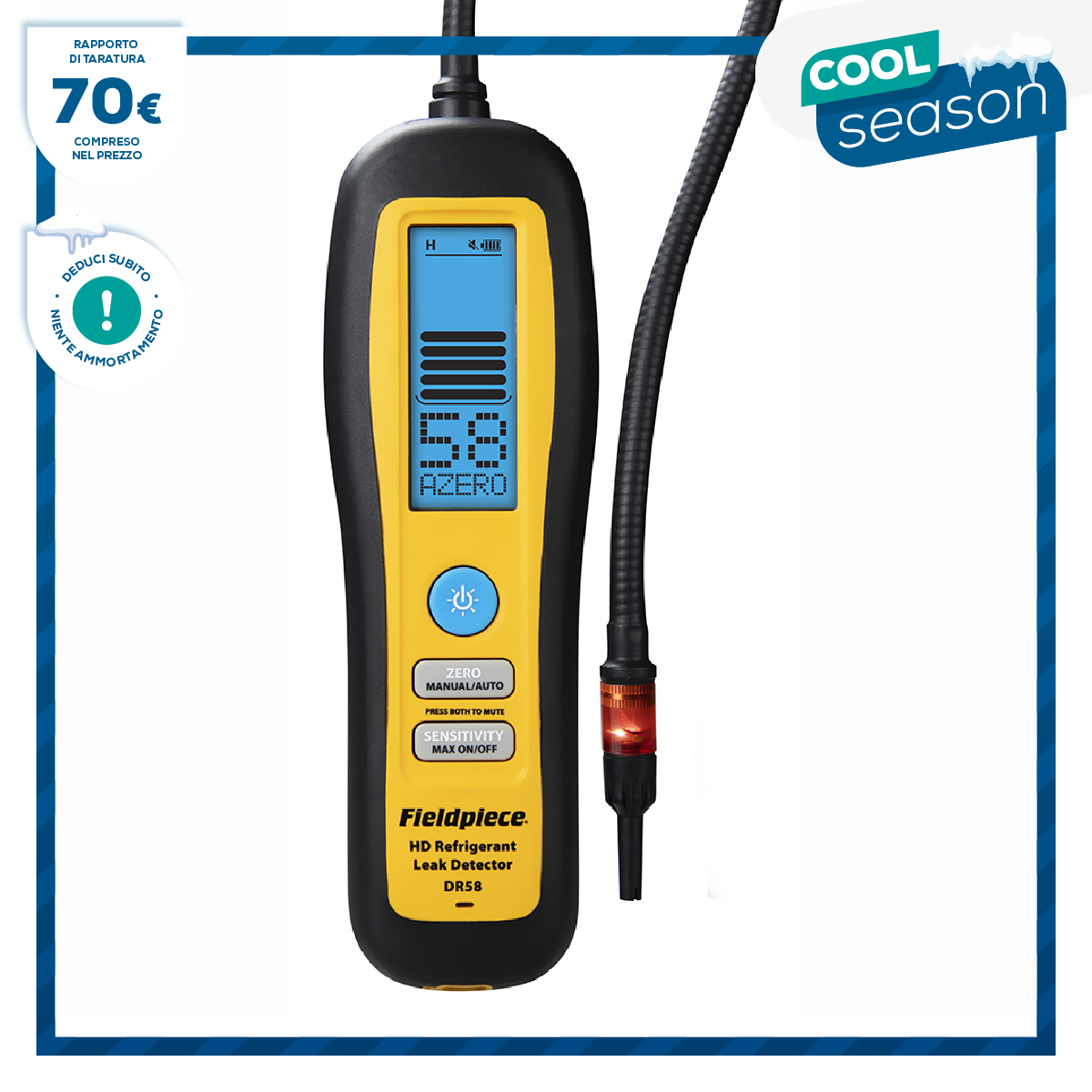 FieldPiece USA - DR58 - Cercafughe portatile di perdite di refrigerante a diodo riscaldato con monitor LCD - rileva gas refrigeranti HFC e HFO, 1234yf, miscele azoto-idrogeno - sensibilità 1 grammo/anno - Rapporto di Taratura incluso