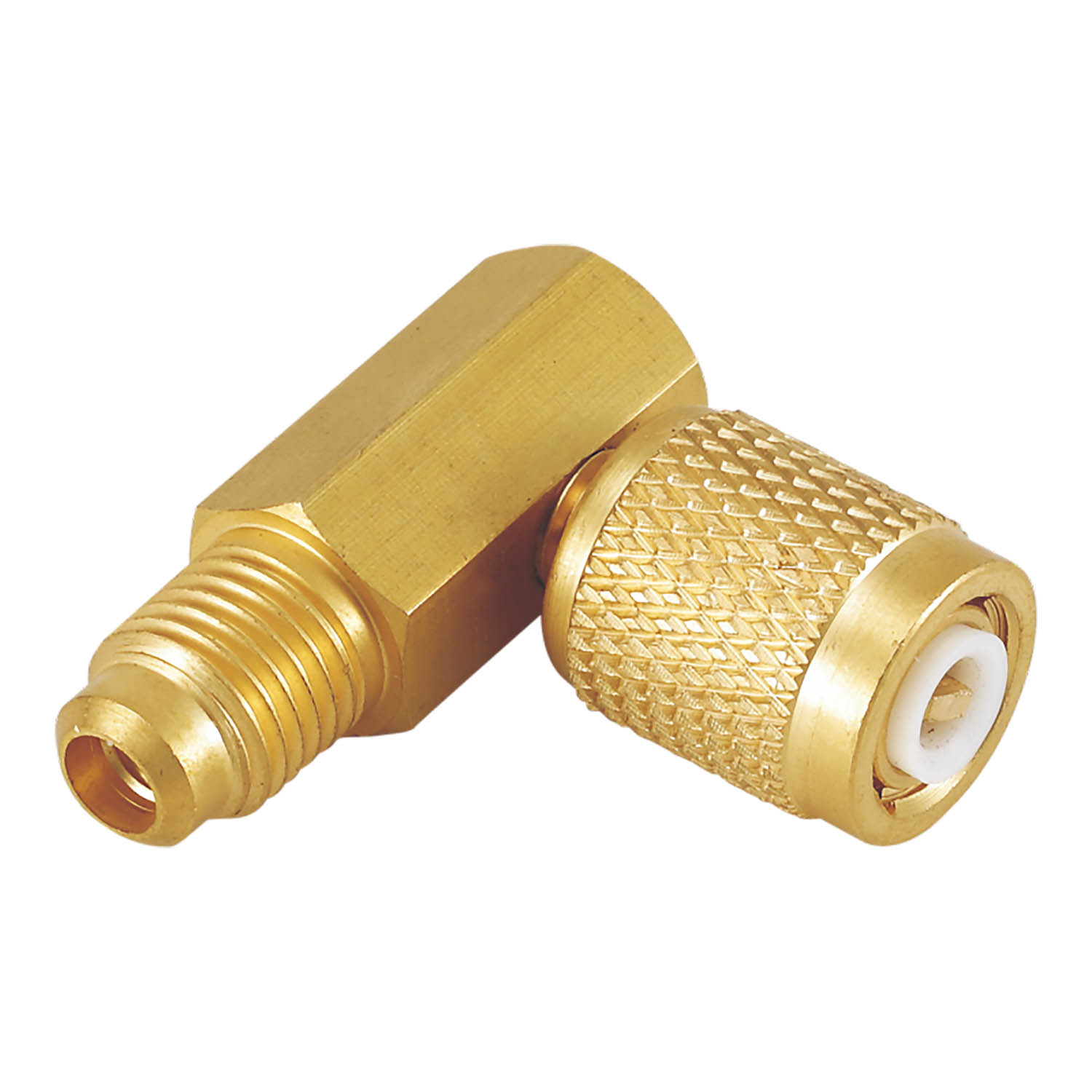 Adattatore 90° in Ottone per Valvola 5/16 SAE femmina girevole (con depressore), Uscita 1/4 SAE Maschio (Value V02) - Foto 1 