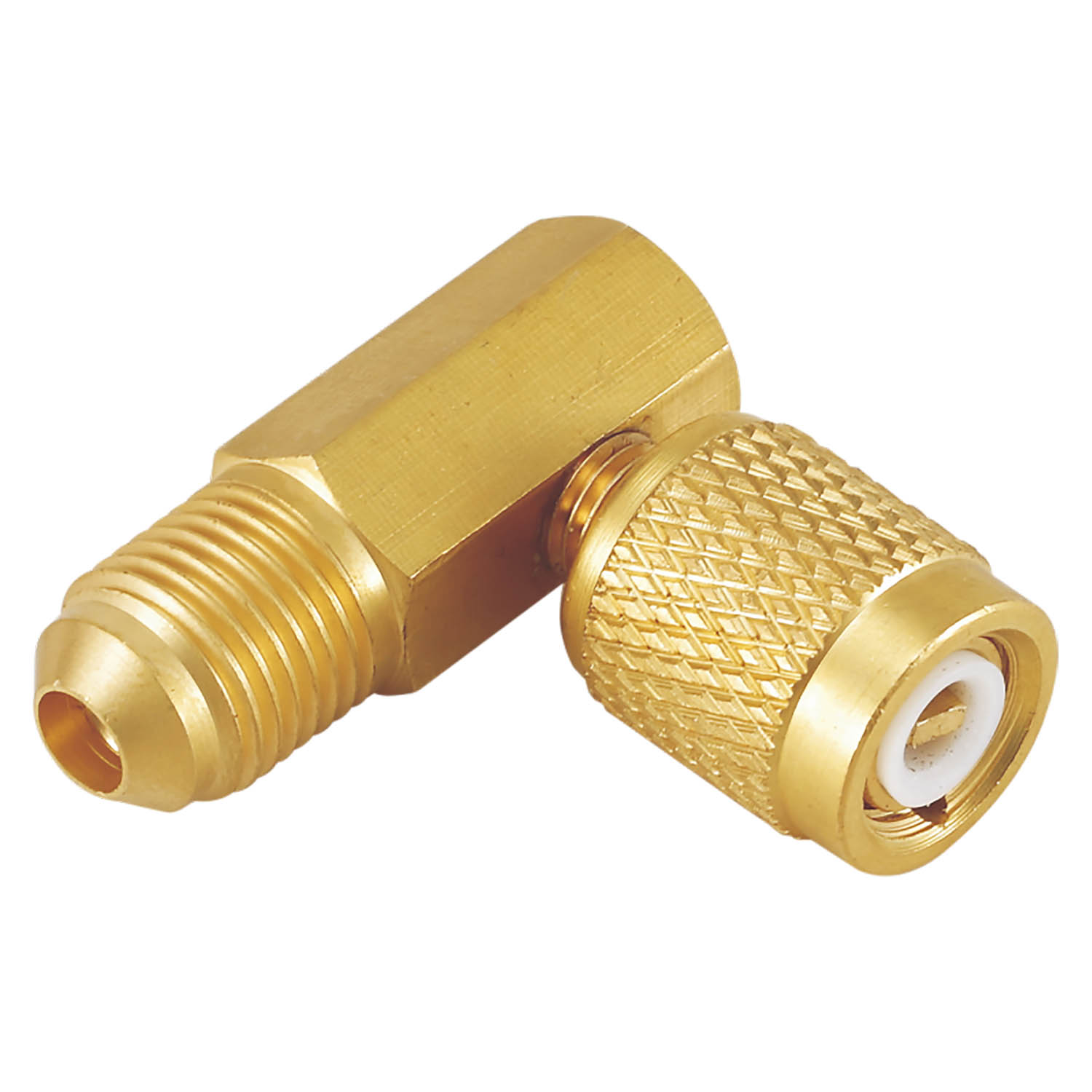 Adattatore 90° in Ottone per Valvola 1/4 SAE Femmina girevole (con depressore), Uscita 5/16 SAE Maschio (Value V03)