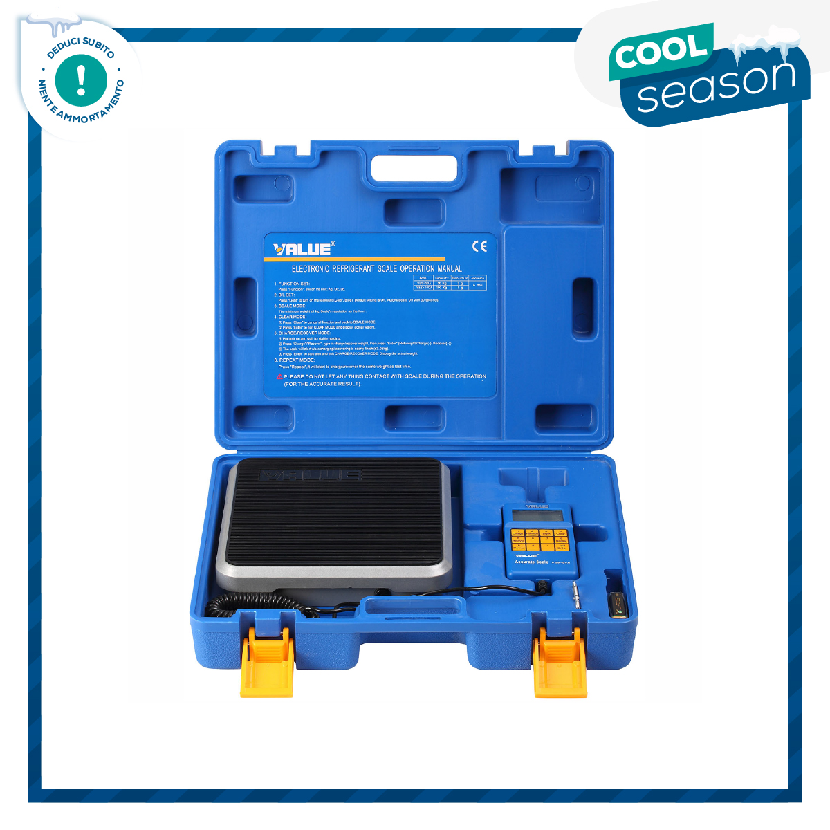 VALUE VES-50A Bilancia per la ricarica di gas refrigeranti con comando remoto e display LCD - portata 50 kg - risoluzione 2 grammi - precisione +/- 0,05% F.S. - dichiarazione di conformità con n° seriale dello strumento fornita in dotazione