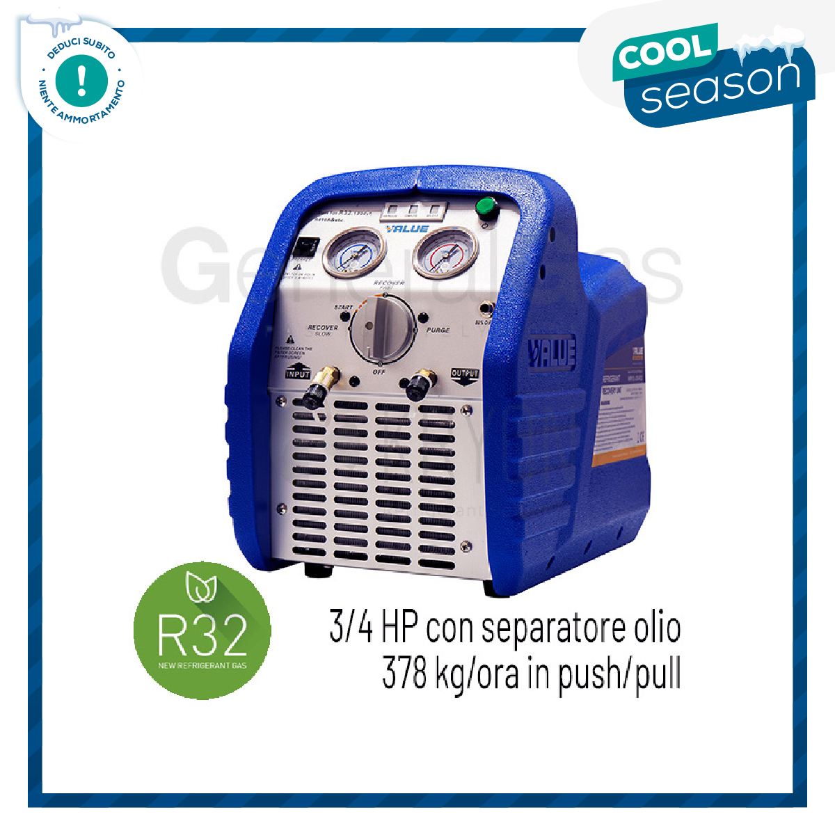 VALUE VRR12LOS-R32 - Recuperatore 3/4 HP con separatore olio, 378 kg/ora in push/pull, adatto anche per refrigeranti A2L