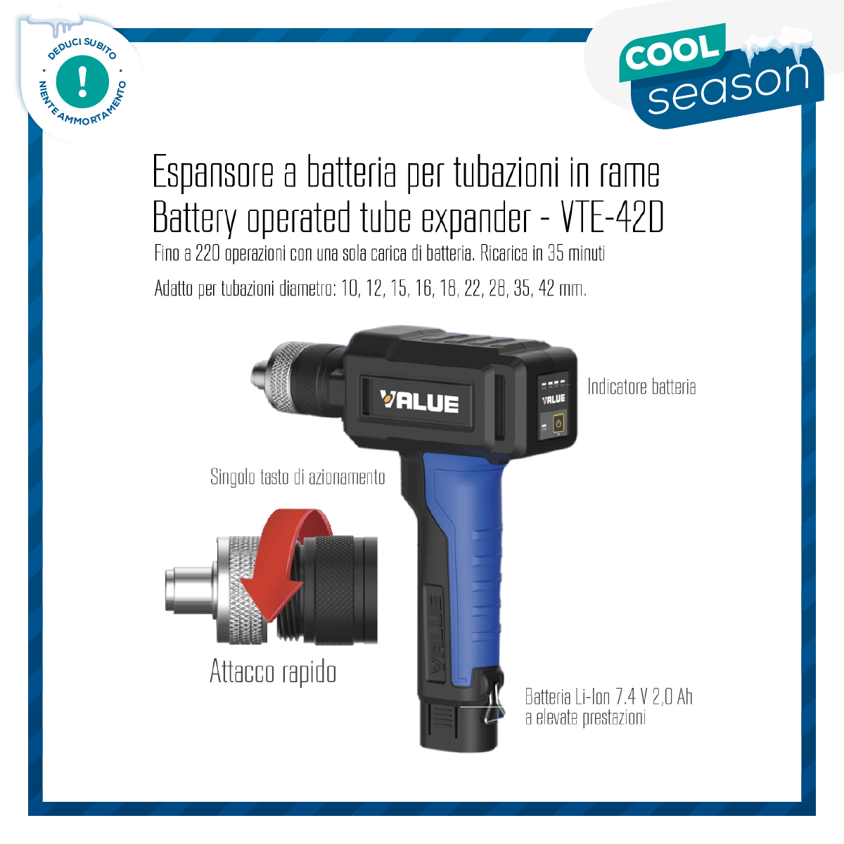 VALUE Espansore a batteria per tubazioni in rame - VTE-42DM adatto per tubazioni diametro 10, 12, 15, 16, 18, 22, 28, 35, 42 mm.  - con 1 batteria, in valigetta di materiale plastico
