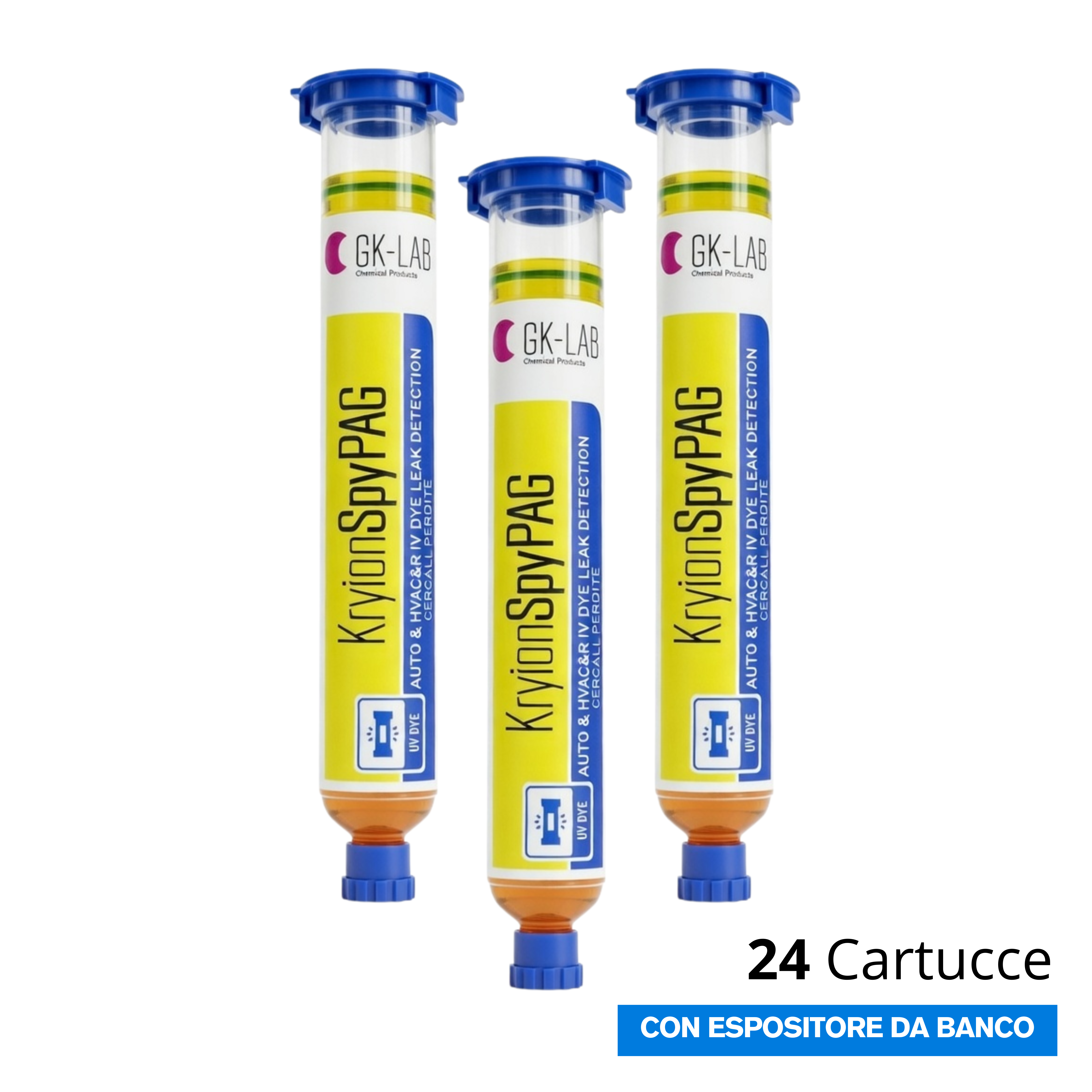 GK-Lab KryonSpy PAG AUTO Tracciante Cercafughe GIALLO Fluorescente UV per Lubrificanti PAG - 24 Cartucce da 48 ml.