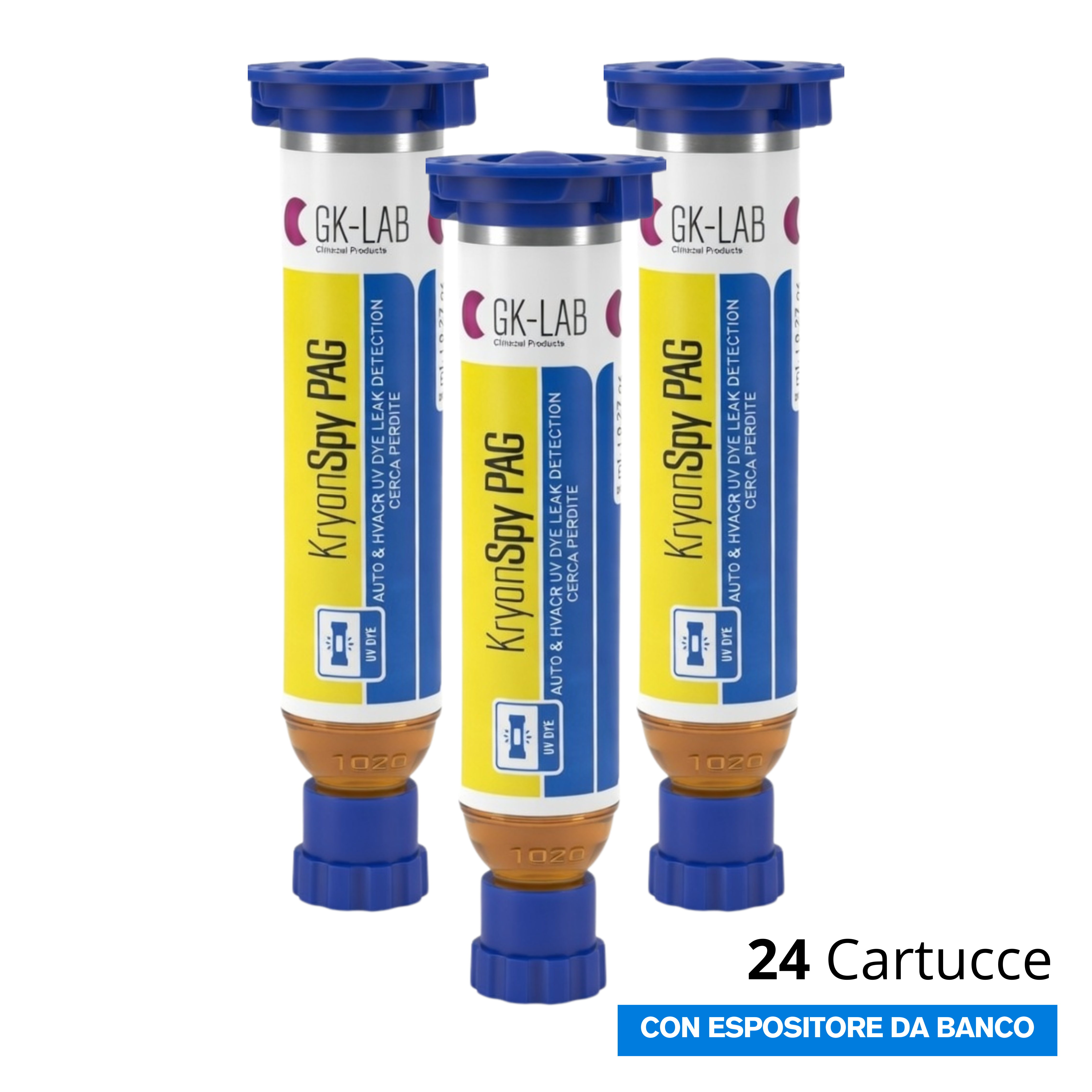 GK-Lab KryonSpy PAG AUTO Tracciante Cercafughe GIALLO Fluorescente UV per Lubrificanti PAG - 24 Cartucce da 8 ml.