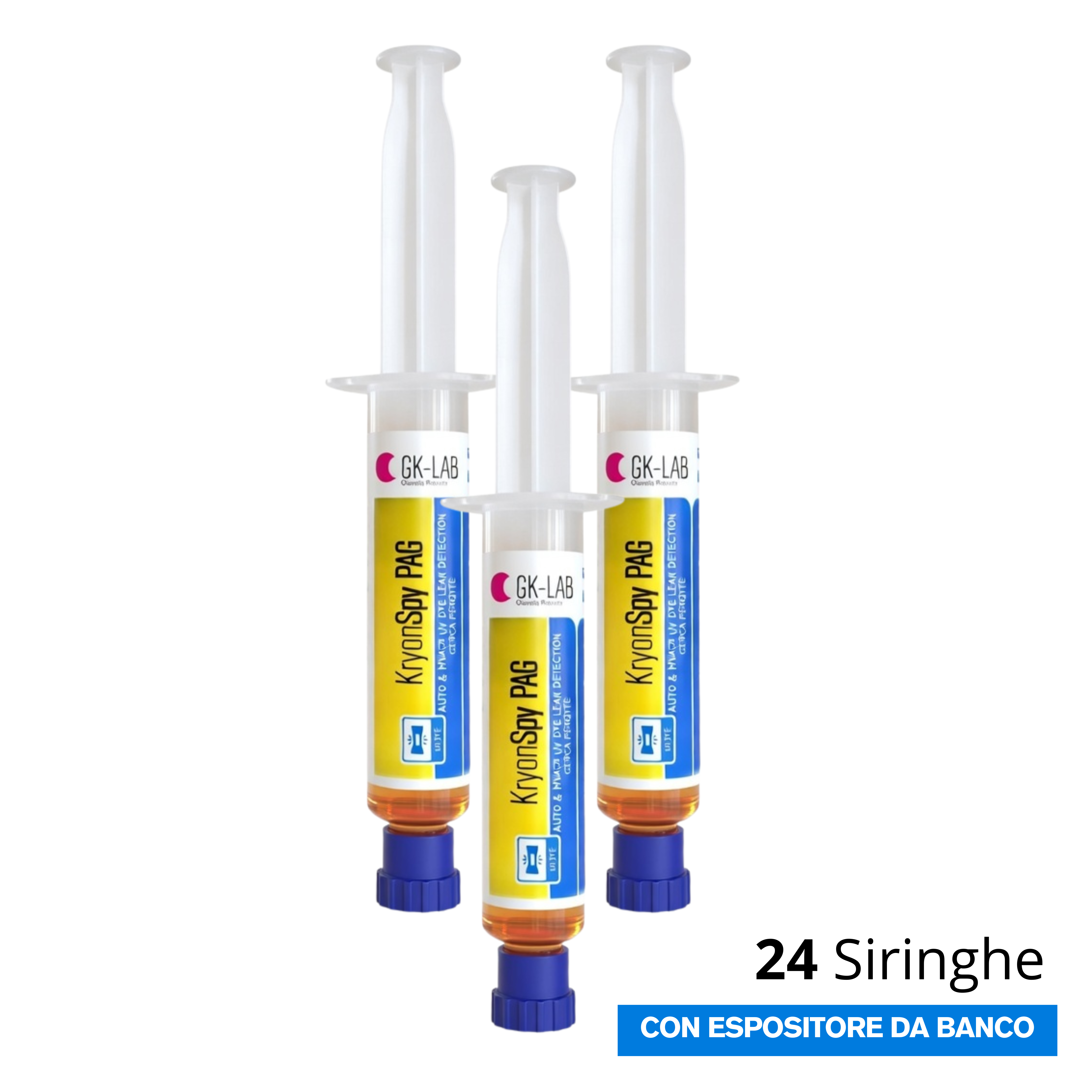 GK-Lab KryonSpy PAG AUTO Tracciante Cercafughe GIALLO Fluorescente UV per Lubrificanti PAG - 24 Siringhe da 8 ml.