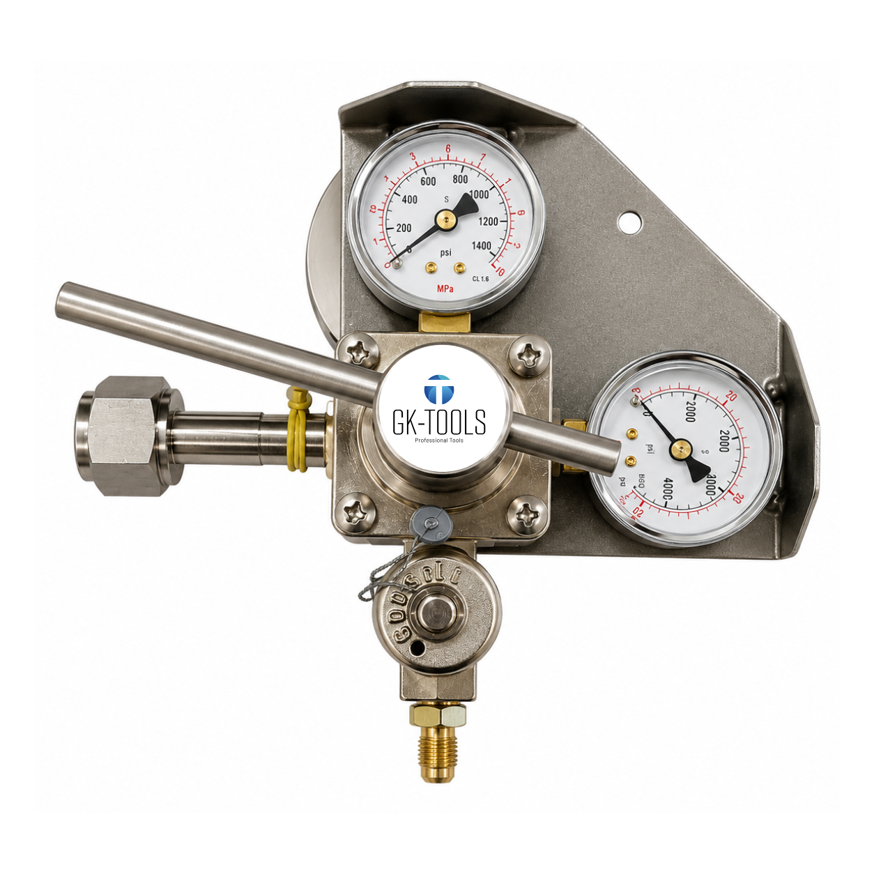 Riduttore di pressione N2, N2/H2 PREMIUM attacco France-Belgium-Portugal doppio attacco 21,8 x 1/14 RH femmina e M10x1 - uscita 50 bar per prove tenuta con azoto e miscela azoidro 5% (pressione in uscita massima 50 bar)
