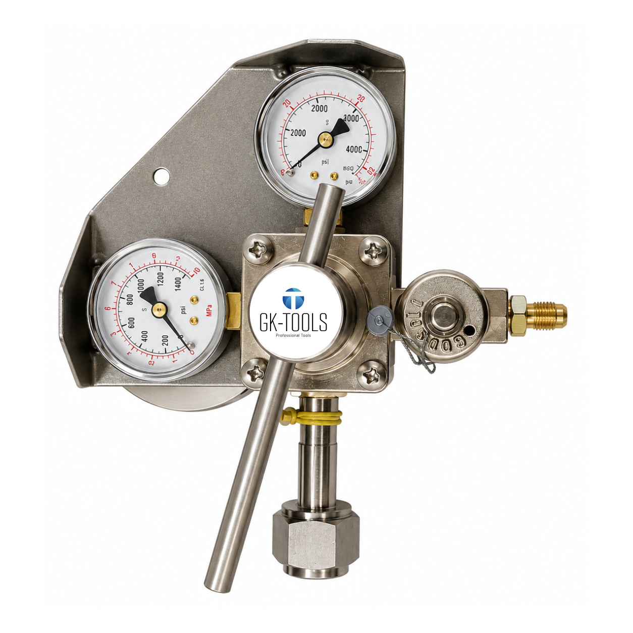 Riduttore di pressione N2, N2/H2 PREMIUM Germany - doppio attacco 24,32 x 1/14 femmina e M10x1 - uscita 50 bar per prove tenuta con azoto e miscela azoidro 5% (pressione in uscita massima 50 bar)