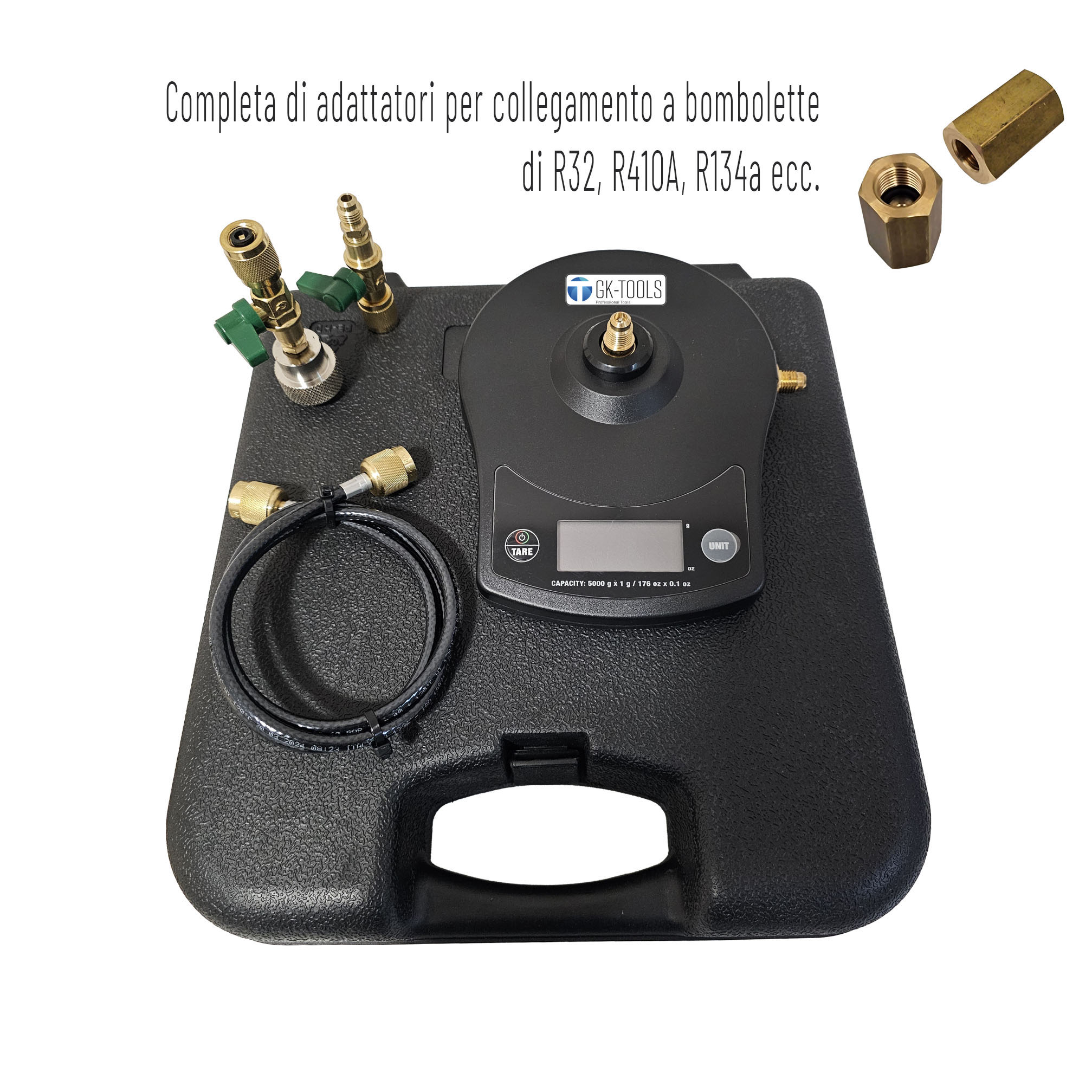 Bilancia di ricarica alta precisione GK-Tools per gas refrigeranti, completa di adattatori (R600a, R290, R410A, R32, R407C, R134a), valigetta in plastica - portata 5 kg +/- 1 grammo