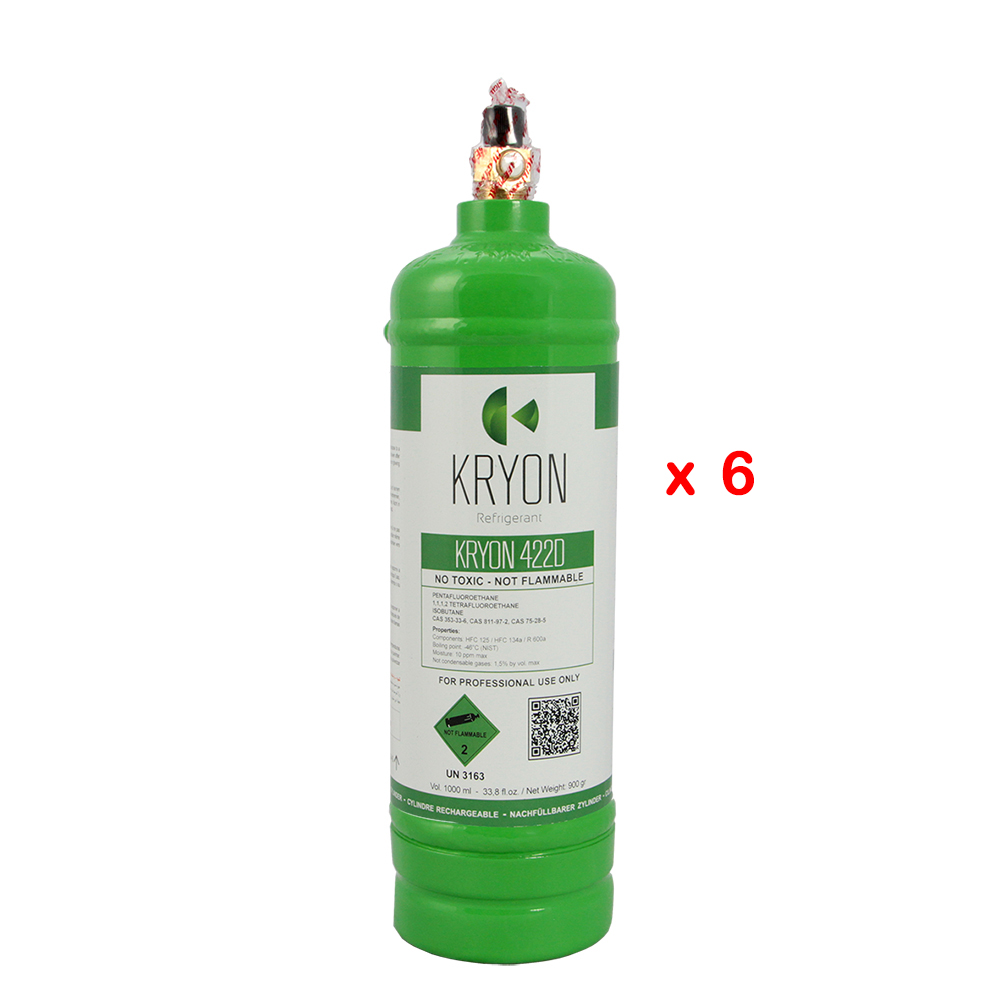 6 x R422D confezione 6 Bombole KryoSmart - 1 Lt / 0,9 kg. - 48 Bar - AC - valvola ¼ SAE RH