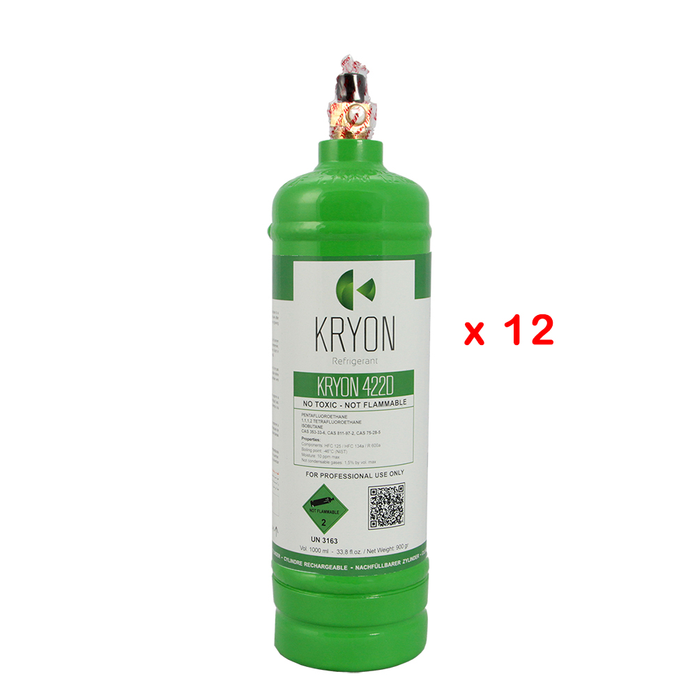 12 x R422D confezione 12 Bombole KryoSmart di R422D - 1 Lt / 0,9 kg. - 48 Bar - acciaio al carbonio - valvola ¼ SAE RH