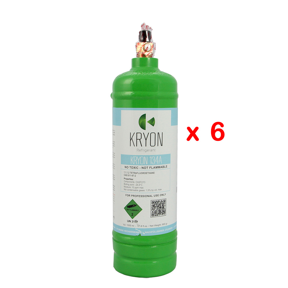 6 x R134a Confezione 6 Bombole KryoSmart - 1Lt. 0,9 kg. - 48 Bar -  acciaio al carbonio - valvola ¼ SAE RH