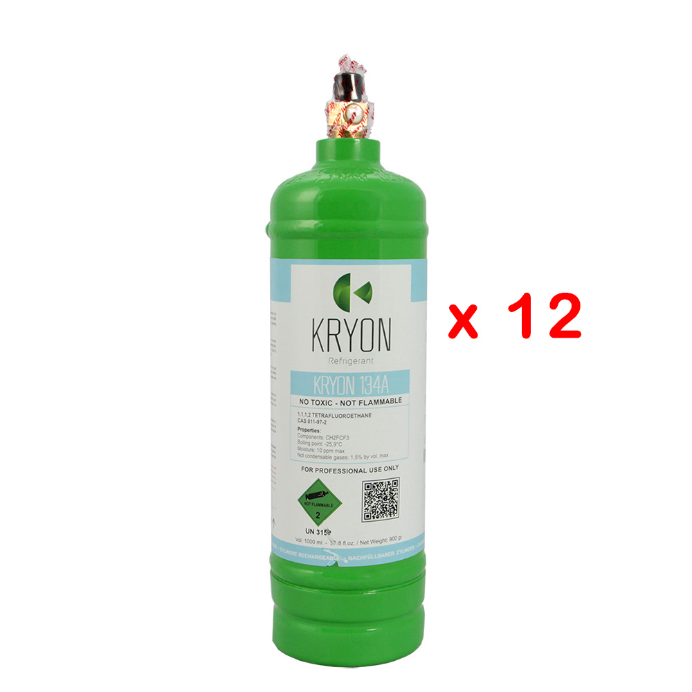 12 x R134a Confezione 12 Bombole KryoSmart 134A - 1Lt. 0,9 kg. - 48 Bar - acciaio al carbonio - valvola ¼ SAE RH