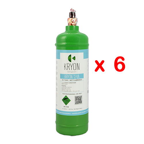 R134a confezione n° 6 Bombole KryoSmart R134A - 2,5Lt / 2Kg - 48 Bar - acciaio al carbonio - valvola ¼ SAE RH