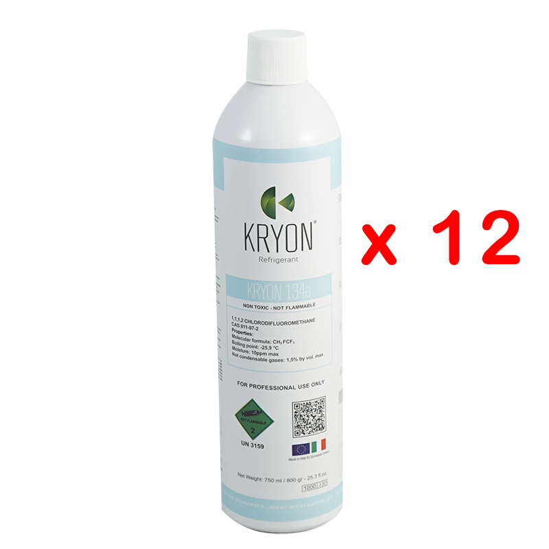 R134a Kryon® 134a conf.ne 12 bombolette alluminio aerosol - 750 ml/800 gr. 30 Bar - valvola B188 std. 7/16 EU