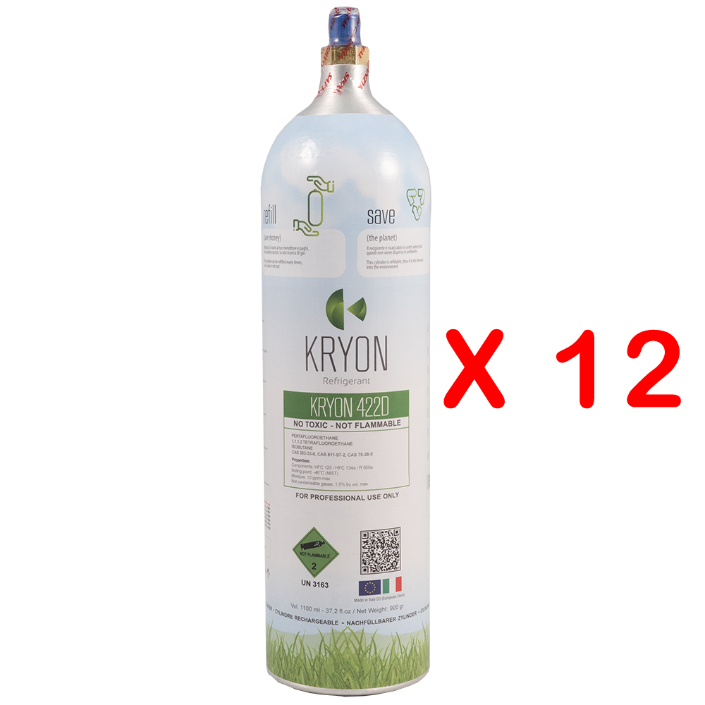 12 x R422B confezione 12 Bombole KryoSmart Alu di R422B - 1,1 Lt / 0,9 kg. - 48 Bar - alluminio - valvola ¼ SAE RH