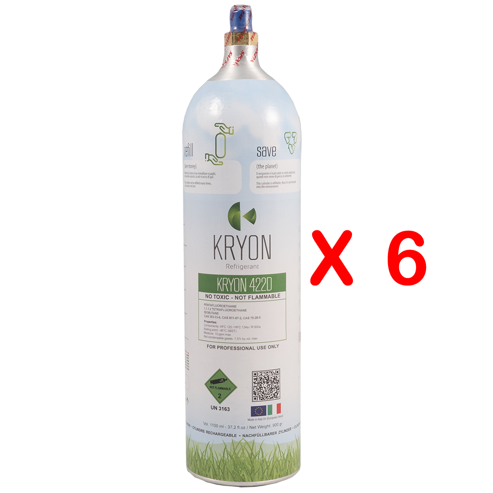 6 x R422B confezione 6 Bombole KryoSmart Alu di R422B - 1,1 Lt / 0,9 kg. - 48 Bar - alluminio - valvola ¼ SAE RH