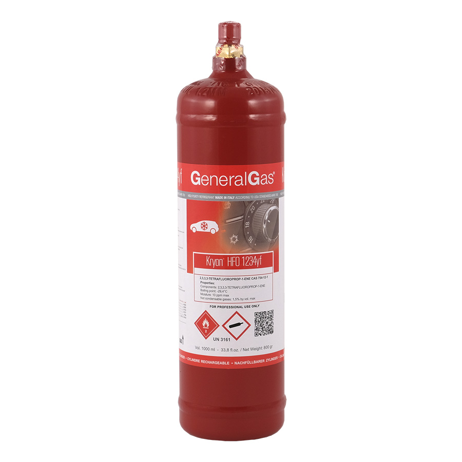 12 x R-1234yf Kryon® HFO yf - confezione 12 bombole in acciaio al carbonio 1,1 Lt / 0,8 Kg - 48 Bar T-PED - valvola ½ ACME LH