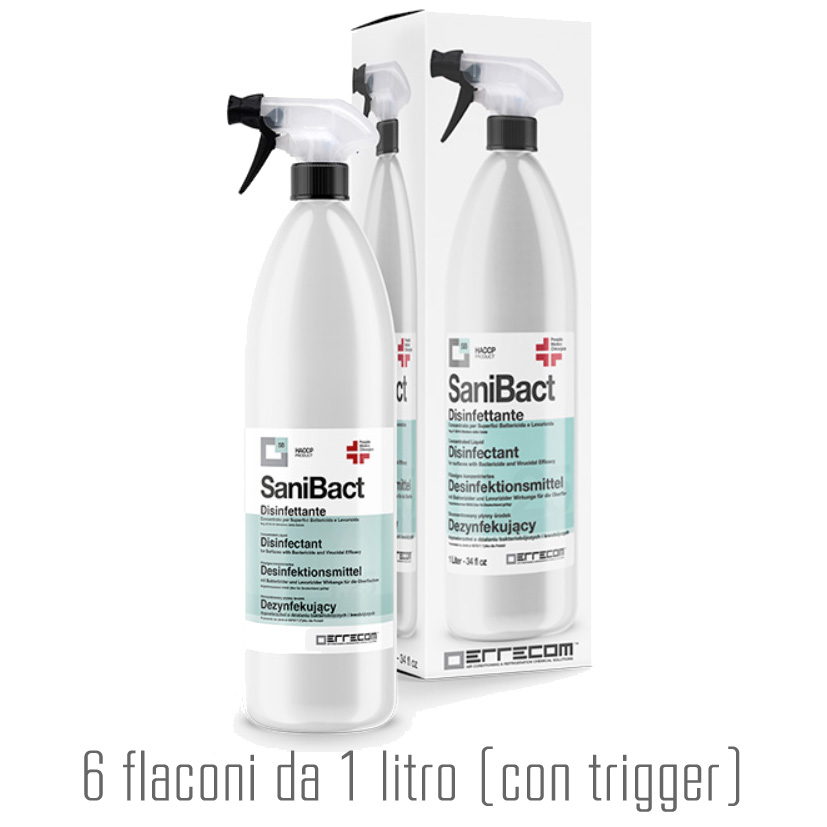 6 x SANIBACT Disinfettante liquido per Superfici, Battericida, Levuricida e Virucida (Presidio Medico Chirurgico) - Flacone 1 lt - Confezione n° 6 pz.