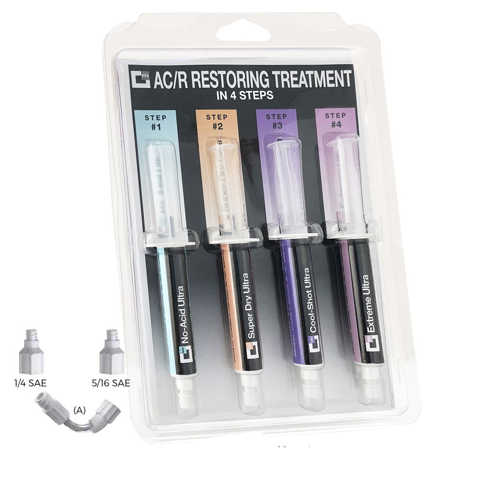 Kit Trattamento completo per Impianti RAC - RESTORING TREATMENT (KIT ULTRA) - Blister con 4 Cartucce + AdattatorI 1/4 SAE e 5/16 SAE più flessibile - confezione n° 1 pezzo