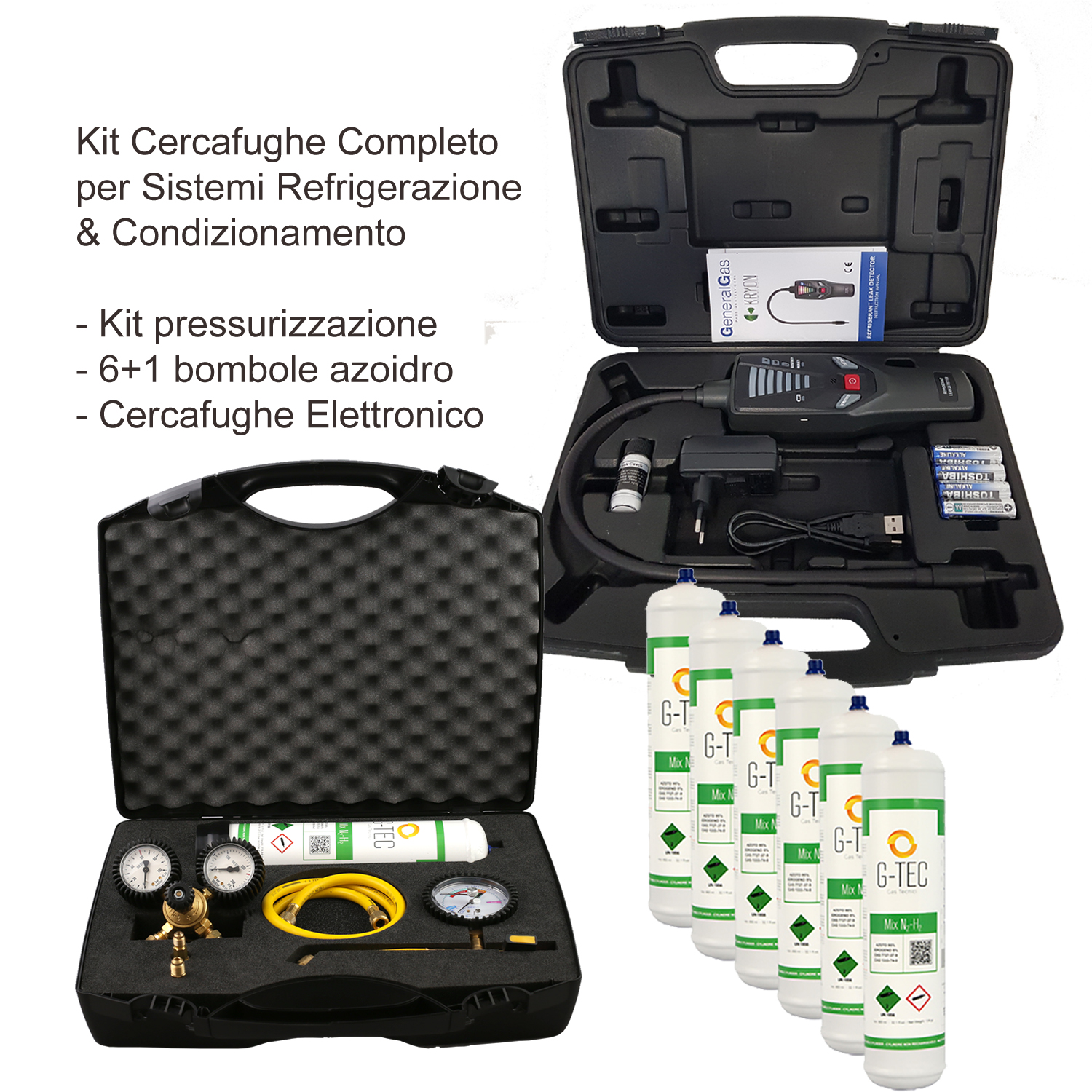 Kit Cercafughe Completo per impianti Ref + A/C, composto da kit pressurizzazione azoto + 7 bombole miscela azoidro + cercafughe elettronico (3 grammi/anno)