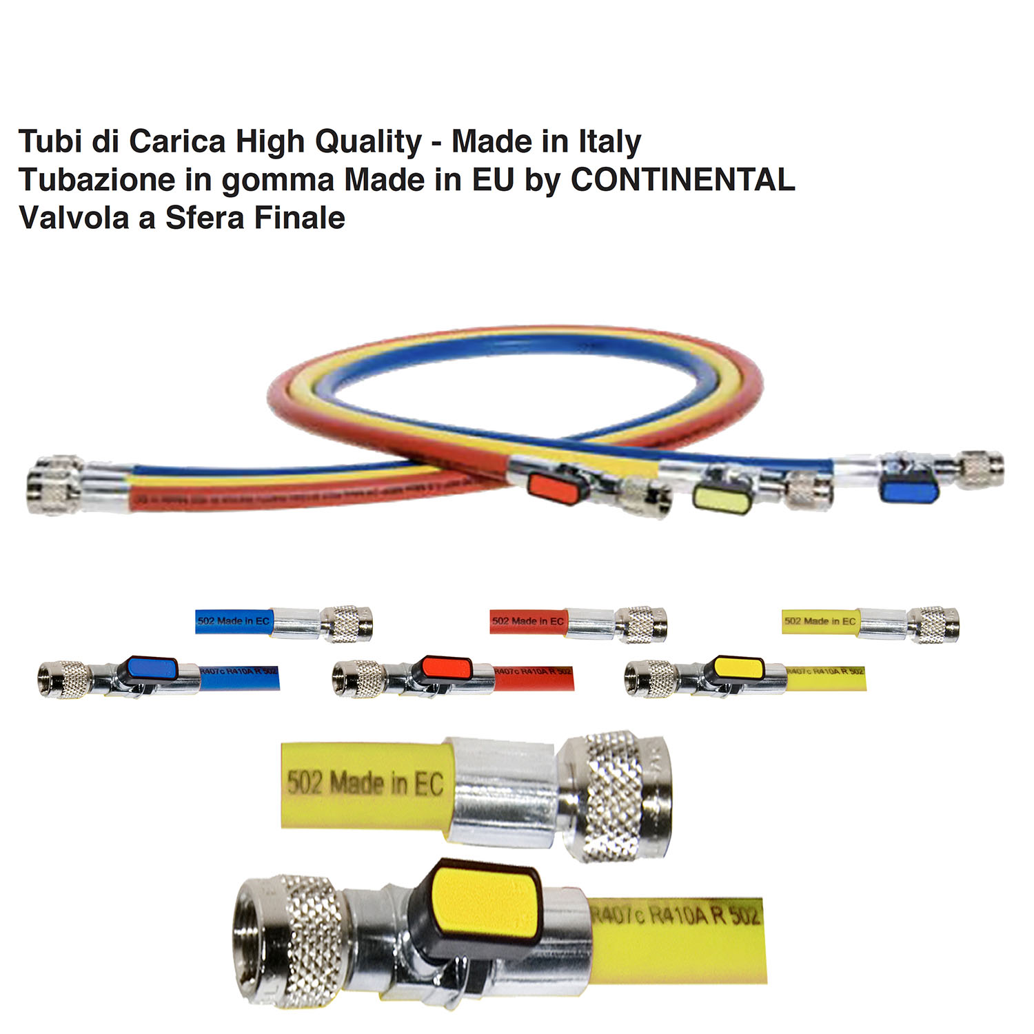 Set 3 tubi di carica 1/4 SAE J2196 - lunghezza 200 cm. (alta qualità made in Italy con tubo originale Continental) Valvola a Sfera e depressore - BLU+ROSSO+ GIALLO