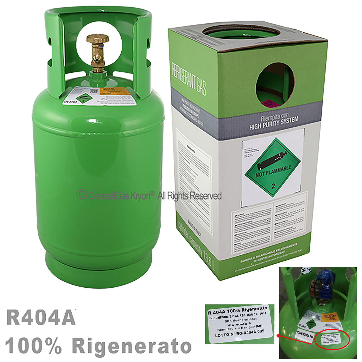 R404A 100% Rigenerato (conforme std. qualitativo AHRI-700) in Bombola Kryobox 13,6 litri / 42 bar - 10 Kg / 42 bar