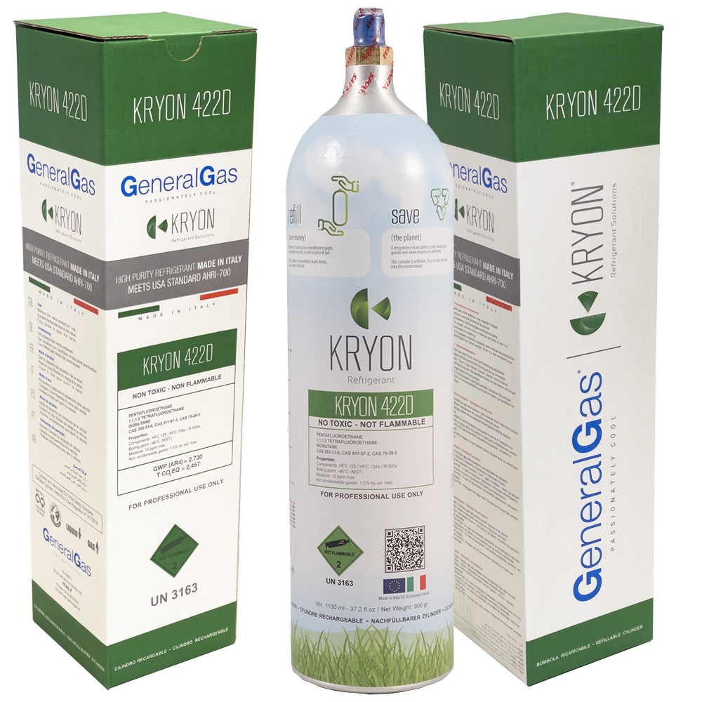 12 x R422D confezione 12 Bombole KryoSmart Alu di R422D - 1,1 Lt / 0,9 kg. - 48 Bar - alluminio - valvola ¼ SAE RH