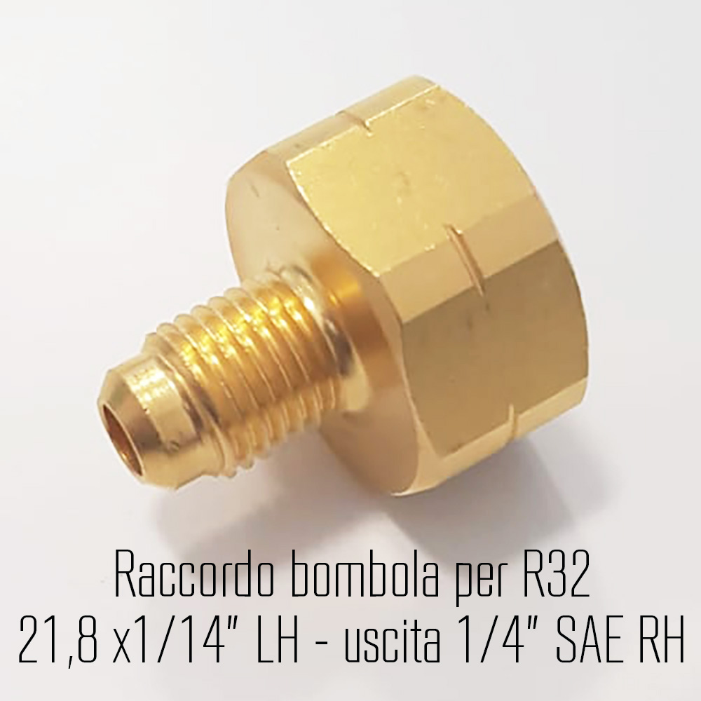 R32, 1234yf e altri refrigeranti A2L - adattatore per valvola femmina W 21,8 - 1/14 LH (sinistro), uscita maschio 1/4 SAE RH (destro)