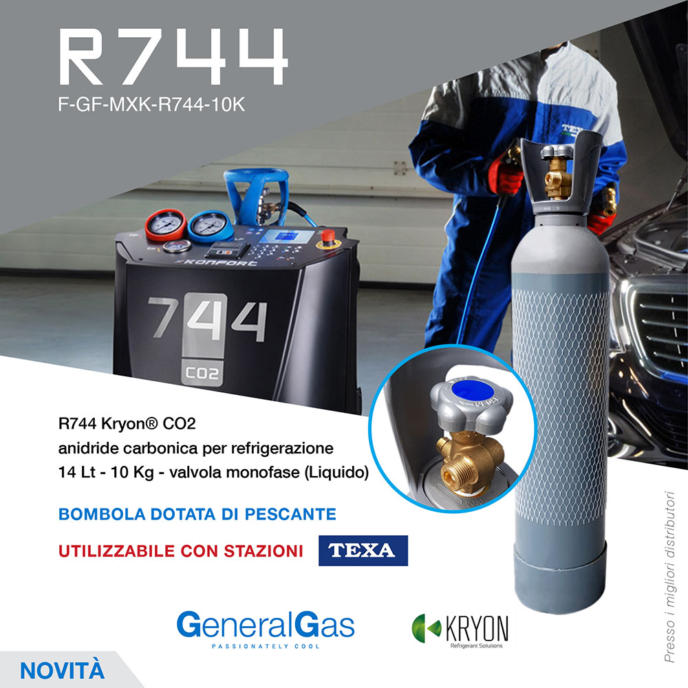 R744 Kryon® (bombola inclusa) Condizionamento Auto (CO2 anidride carbonica refrigerazione per stazioni di carica Texa) - 14 Lt - 10 Kg - con tubo pescante e valvola monofase (liquido)
