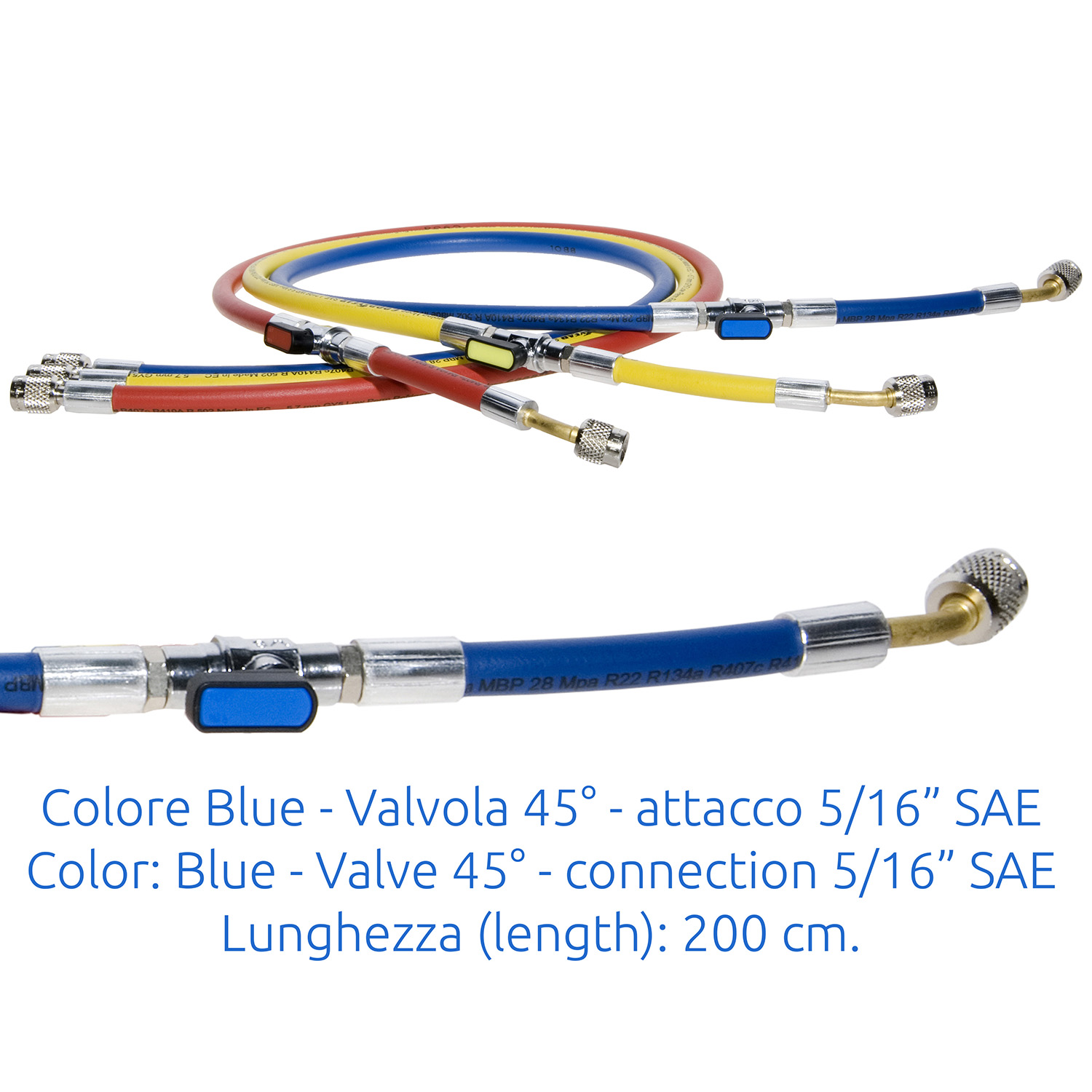 Tubo di Carica 5/16 SAE J2196 con valvola a 45° - 200 cm. (alta qualità - originale Continental) con Valvola a Sfera e depressore - colore BLU - Confezione n° 1 pz.
