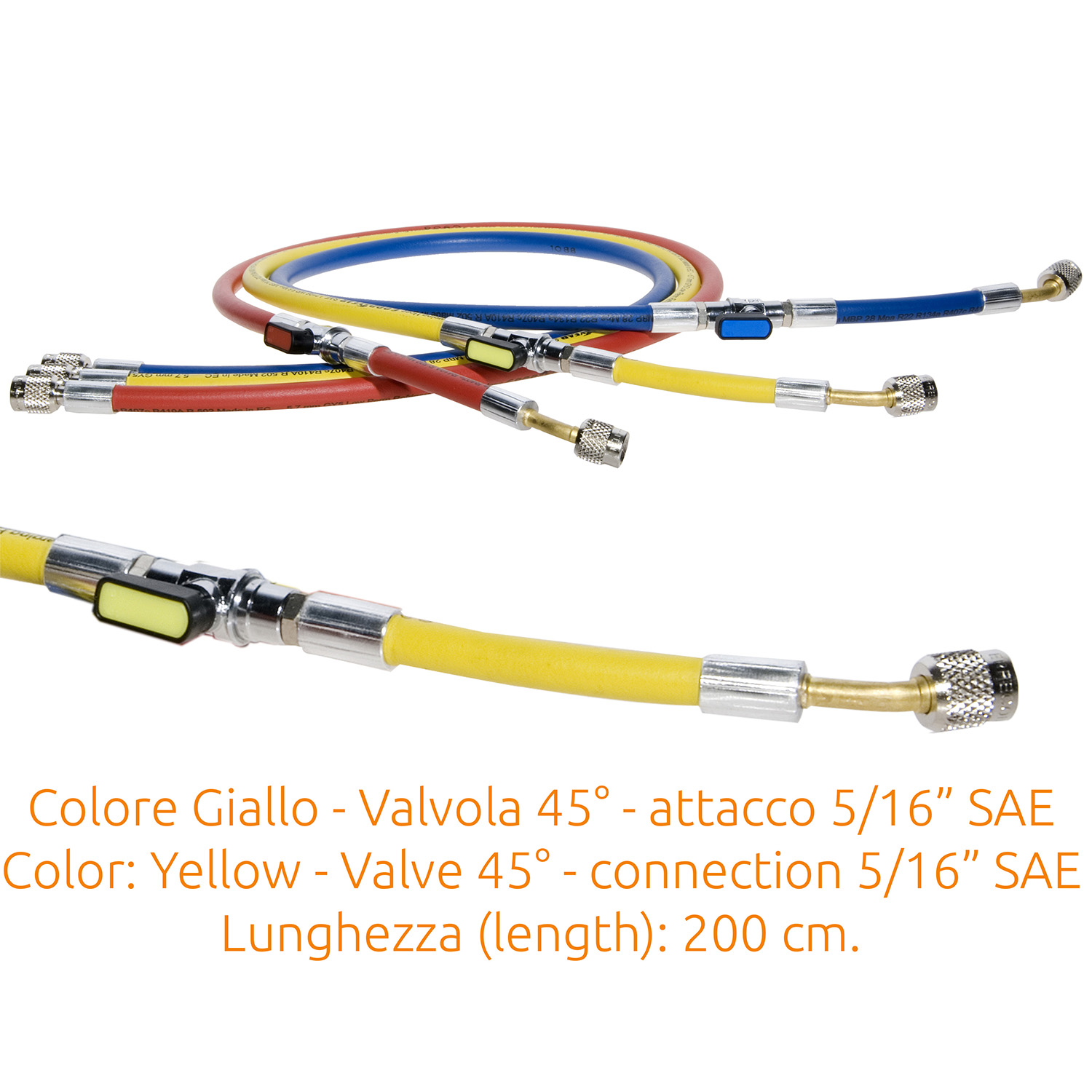 Tubo di Carica 5/16 SAE J2196 con valvola a 45° - 200 cm. (alta qualità - originale Continental) con Valvola a Sfera e depressore - colore GIALLO - Confezione n° 1 pz.