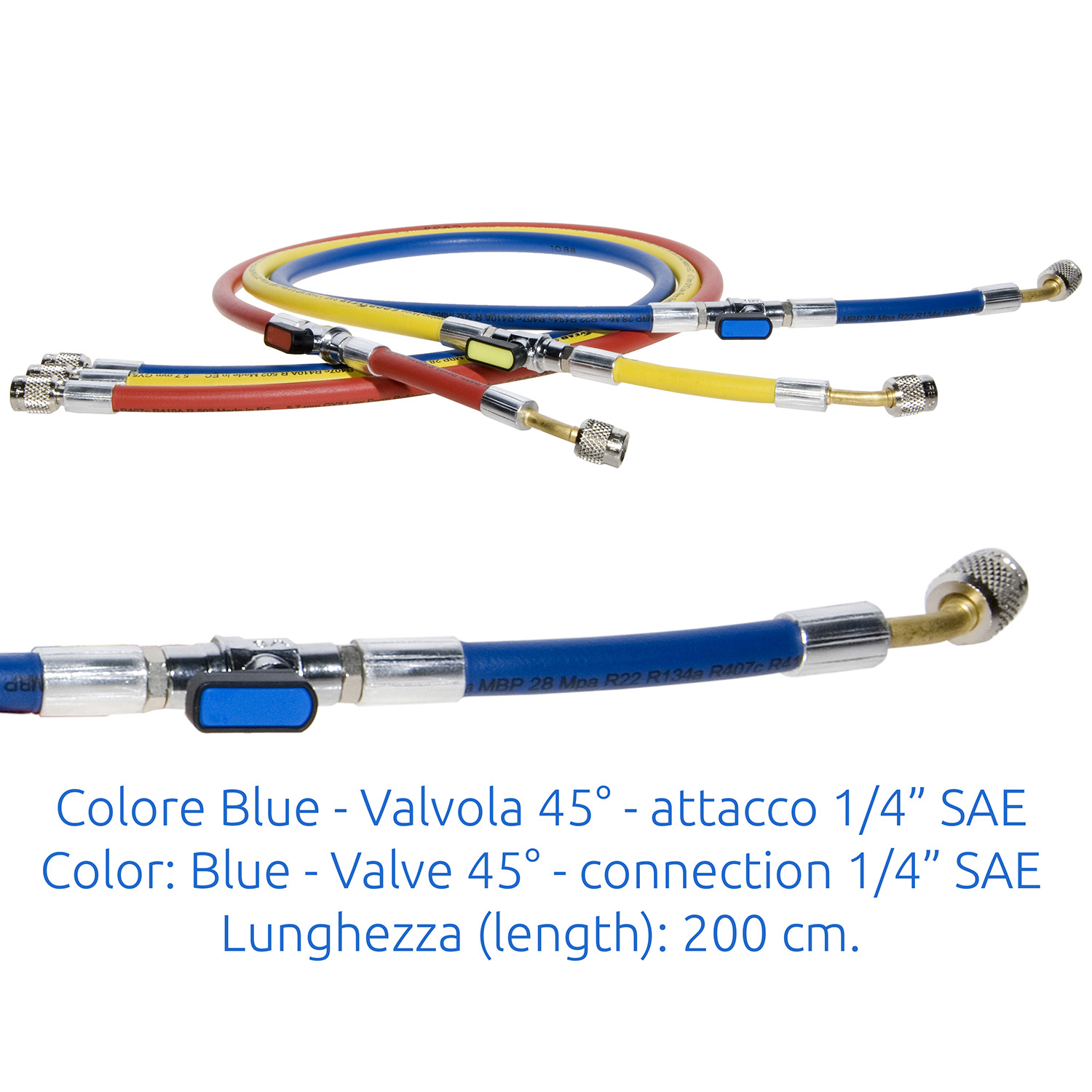 Tubo di Carica 1/4 SAE J2196 con valvola a 45° - 200 cm. (alta qualità - originale Continental) con Valvola a Sfera e depressore - colore BLU - Confezione n° 1 pz.