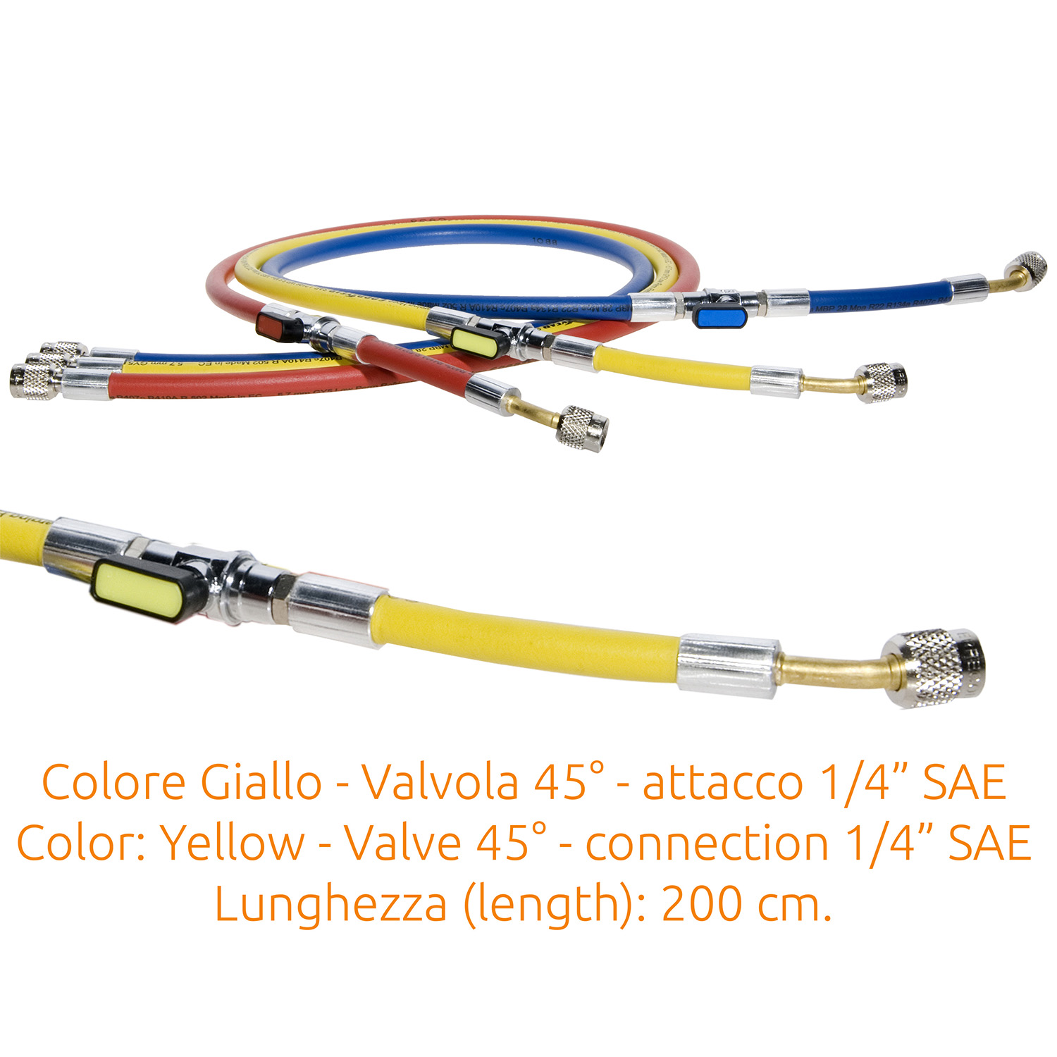 Tubo di Carica 1/4 SAE J2196 con valvola a 45° - 200 cm. (alta qualità - originale Continental) con Valvola a Sfera e depressore - colore GIALLO - Confezione n° 1 pz.