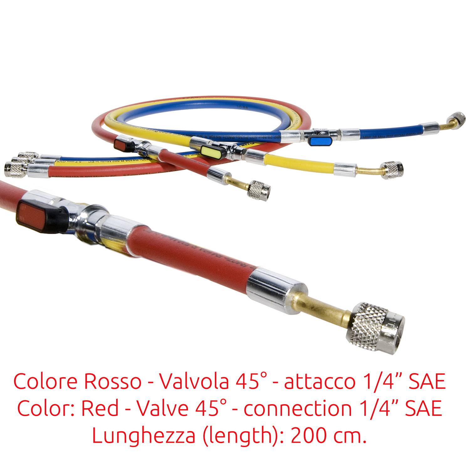 Tubo di Carica 1/4 SAE J2196 con valvola a 45° - 200 cm. (alta qualità - originale Continental) con Valvola a Sfera e depressore - colore ROSSO - Confezione n° 1 pz.