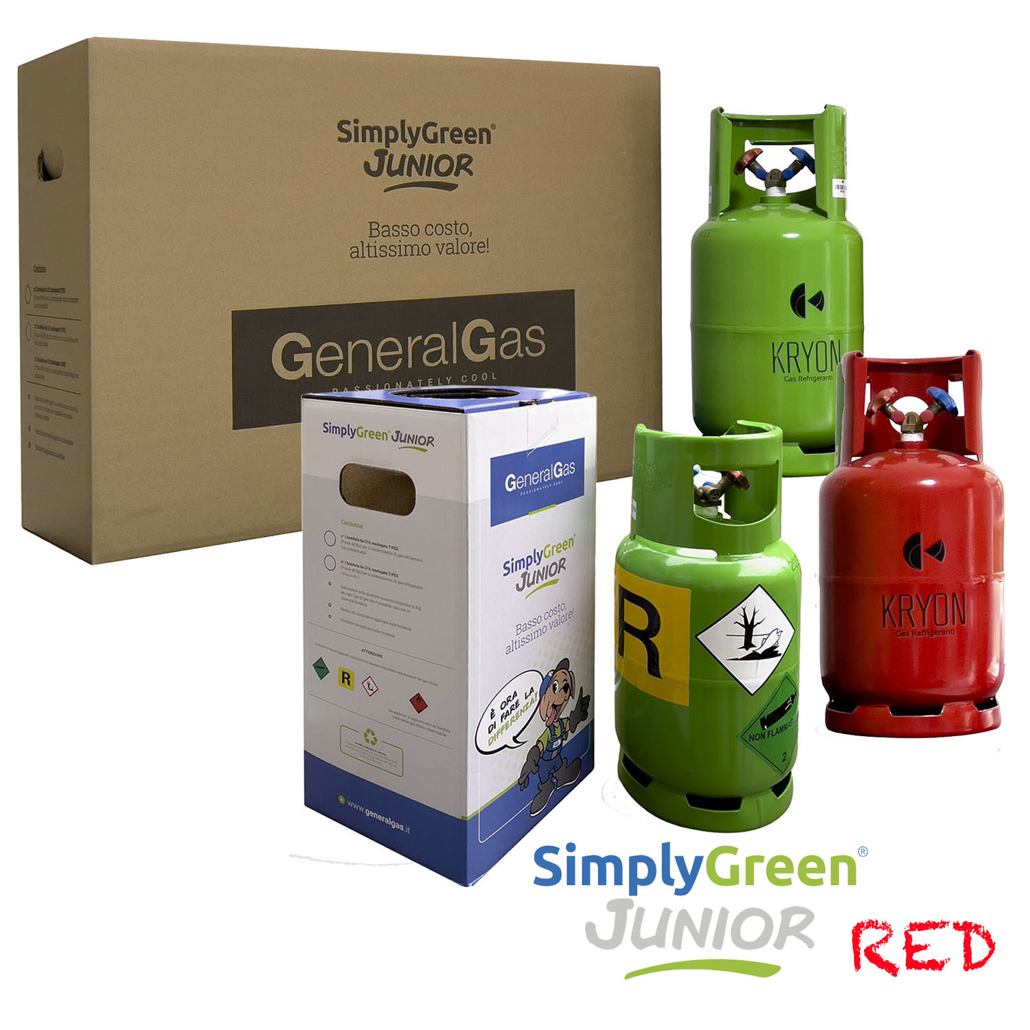 SimplyGreen Junior RED - n° 3 bombole 13 litri (2 x gas non infiammabili + 1 x gas infiammabili) - abbonamento annuale per Smaltimento e Rigenerazione Rifiuti F-Gas - Foto 1 