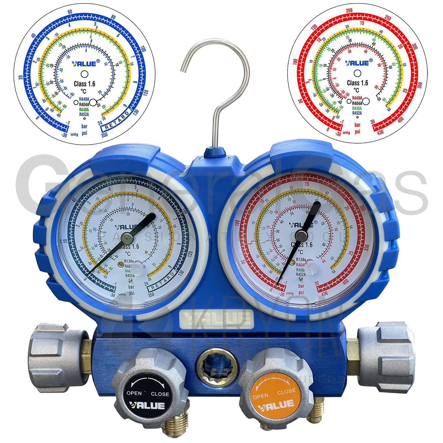 VALUE Gruppo manometrico a 4 vie per refrigerazione VMG-4-R448-03 - manometri dia. 80 mm. - R404A, R448A, R449A, R452A - in valigetta - dichiarazione di conformità con n° seriale dello strumento fornita in dotazione