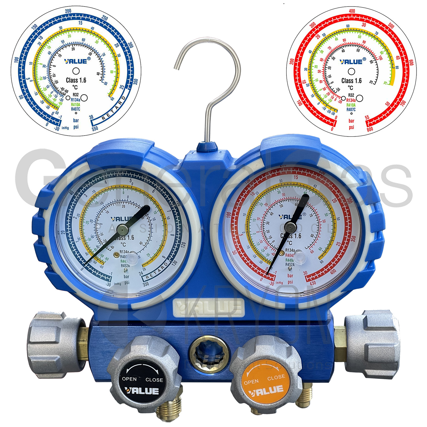 VALUE Gruppo manometrico 4 vie per Condizionamento VMG-4-R32-03 - manometri dia. 80 mm. - per climatizzazione A/C (R32, R410A, R407C, R134a) in valigetta - dichiarazione di conformità con n° seriale dello strumento fornita in dotazione