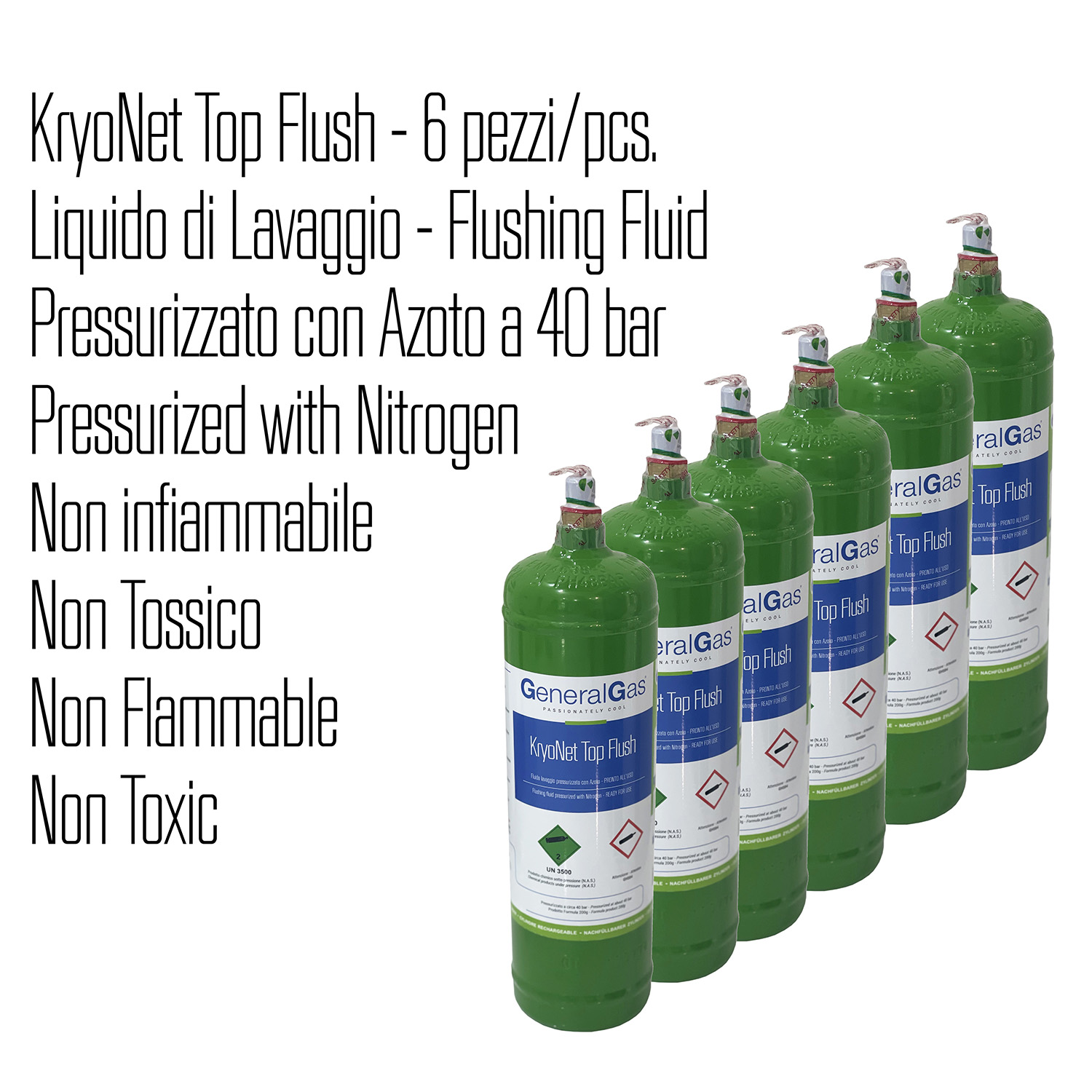 6 x KryoNet TopFlush - Fluido di lavaggio non tossico, non infiammabile, non nocivo - pressurizzato con azoto 40 bar, pronto all'uso - bombola 1,1 Litri - 48 Bar - AC - valvola ¼ SAE RH maschio