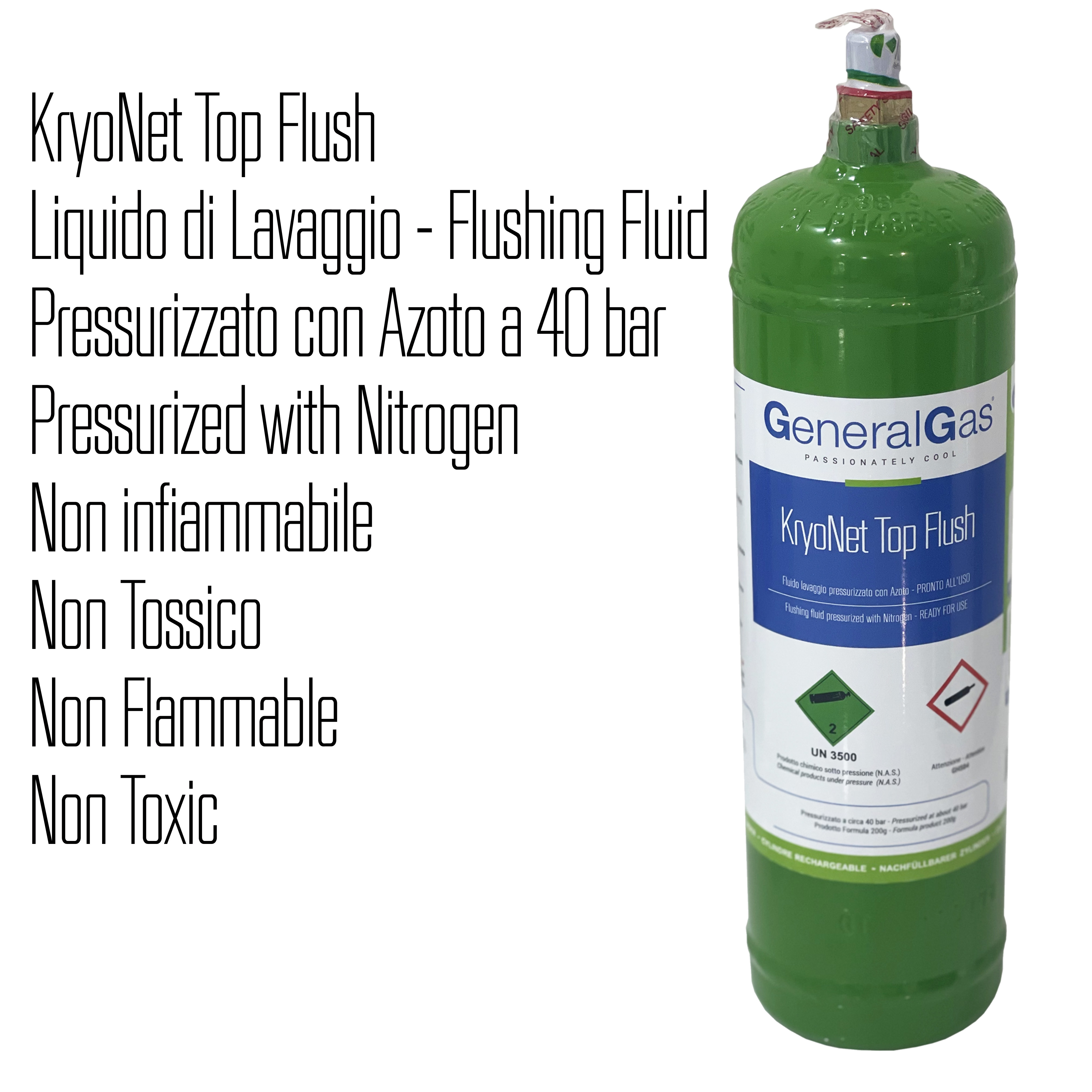 KryoNet TopFlush - Fluido di lavaggio non infiammabile - pressurizzato con azoto 40 bar, pronto all'uso - bombola 1,1 Litri - 48 Bar - AC - valvola ¼ SAE RH maschio