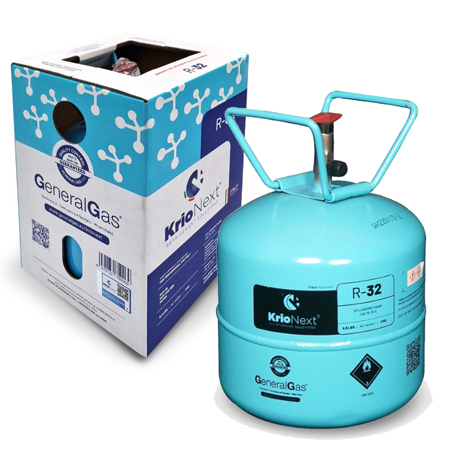 R32 KrioNext® 32 in Bombola DOT-39 non ricaricabile - 4,5 Lt / 27 Bar - 3,0 Kg - valvola 1/4 SAE RH - Qualità AHRI700-2019 USA standard garantita da laboratorio GeneralGas (Zhejiang) Co. LTD.