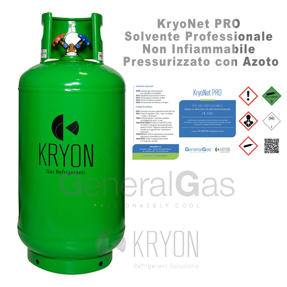 KryoNet Pro (bombola compresa) solvente uso professionale, non infiammabile, per impianti A/C e refrigerazione, pressurizzato con azoto, in bombola da  40 litri - 30 kg