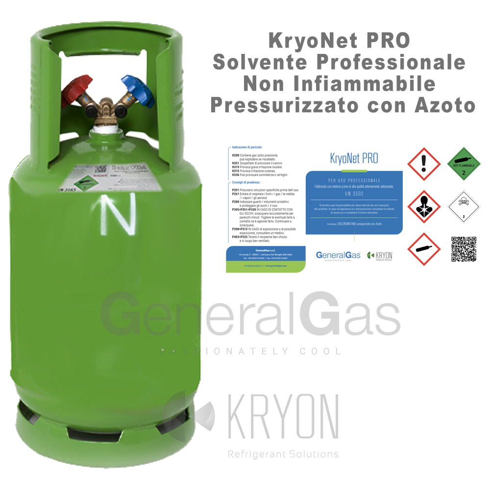 KryoNet Pro - solvente uso professionale, non infiammabile, per impianti A/C e refrigerazione, pressurizzato con azoto, in Bombola a rendere da 13 litri - 10 kg