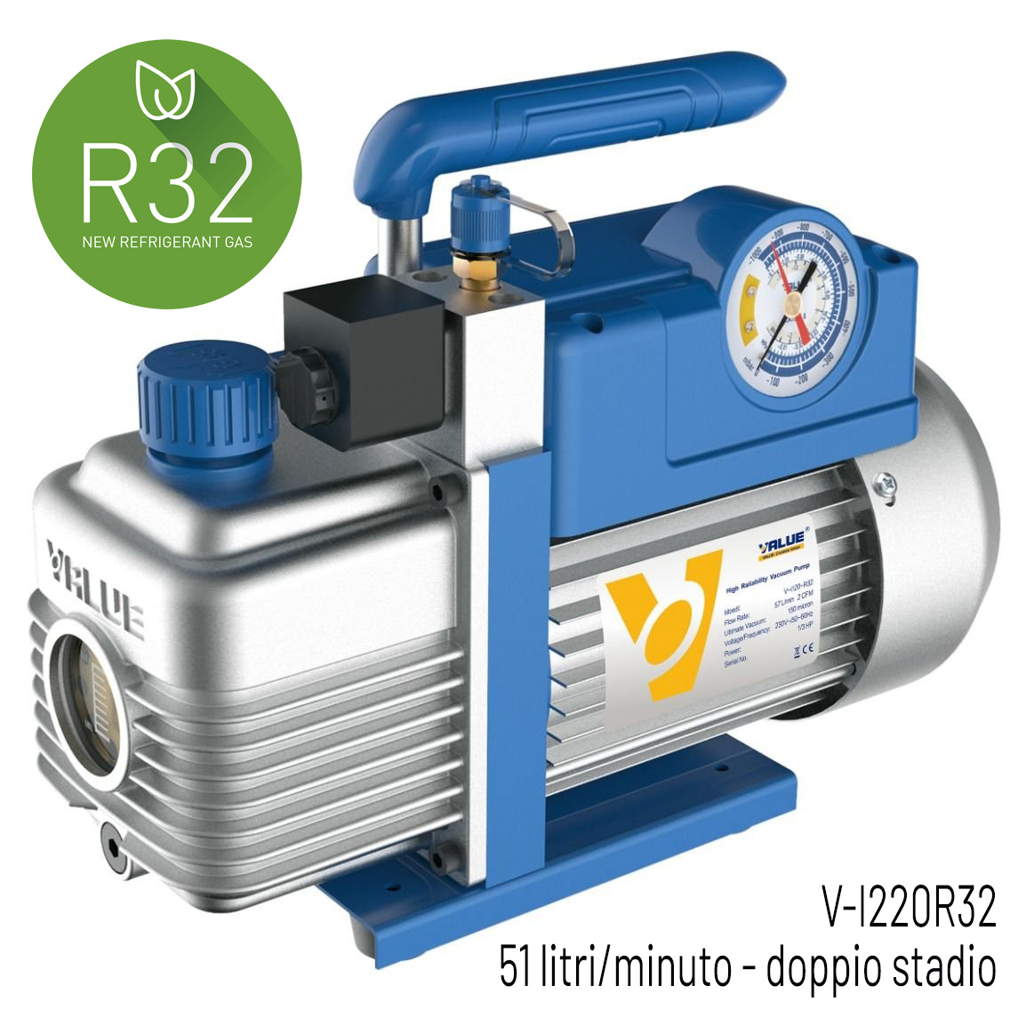 VALUE Pompa vuoto doppio stadio, adatta anche per R32 e A2L, portata 51 litri/minuto, motore 1/3 HP, grado di vuoto 2 x10(-2) mbar - 0,02 mbar/2 Pa/15 micron - con elettrovalvola e vacuometro