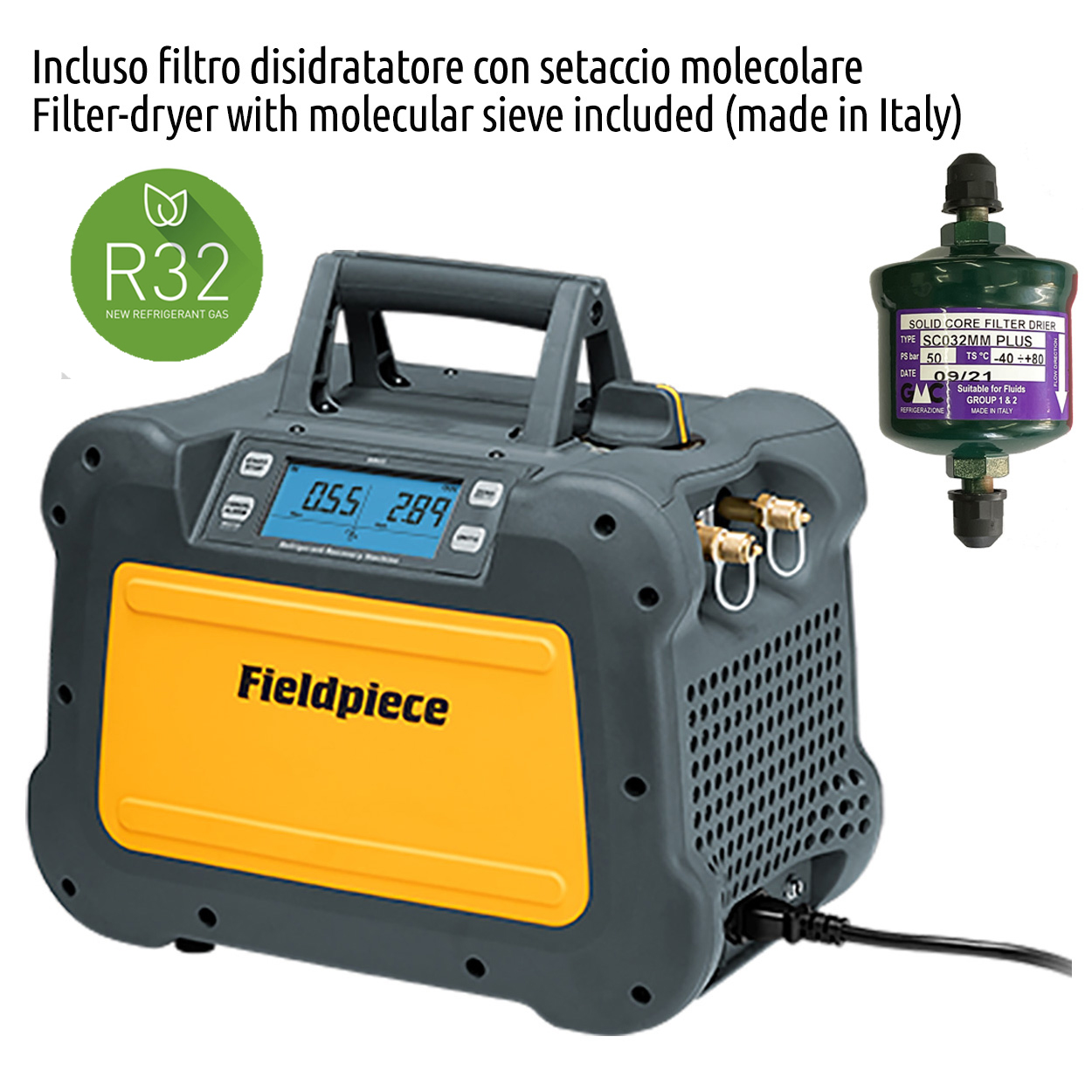 Fieldpiece USA - MR45INT - Recuperatore gas refrigerante digitale da 1 HP - 0,75 Kw completo di filtro disidratatore e raccordo