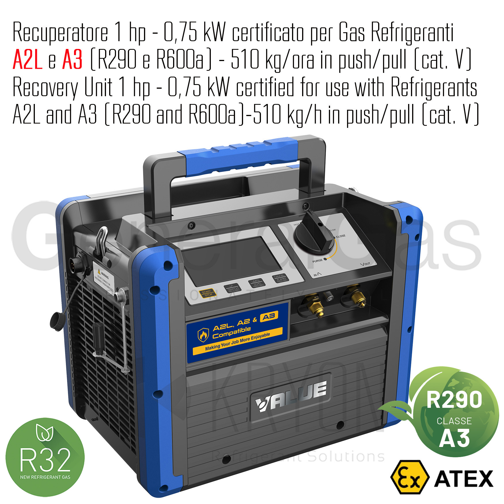VALUE VRDDF - Recuperatore certificato ATEX per gas infiammabili 1 HP-0,75 KW, 510 kg/ora in push/pull, adatto anche per refrigeranti A2L e A3 (propano R290)