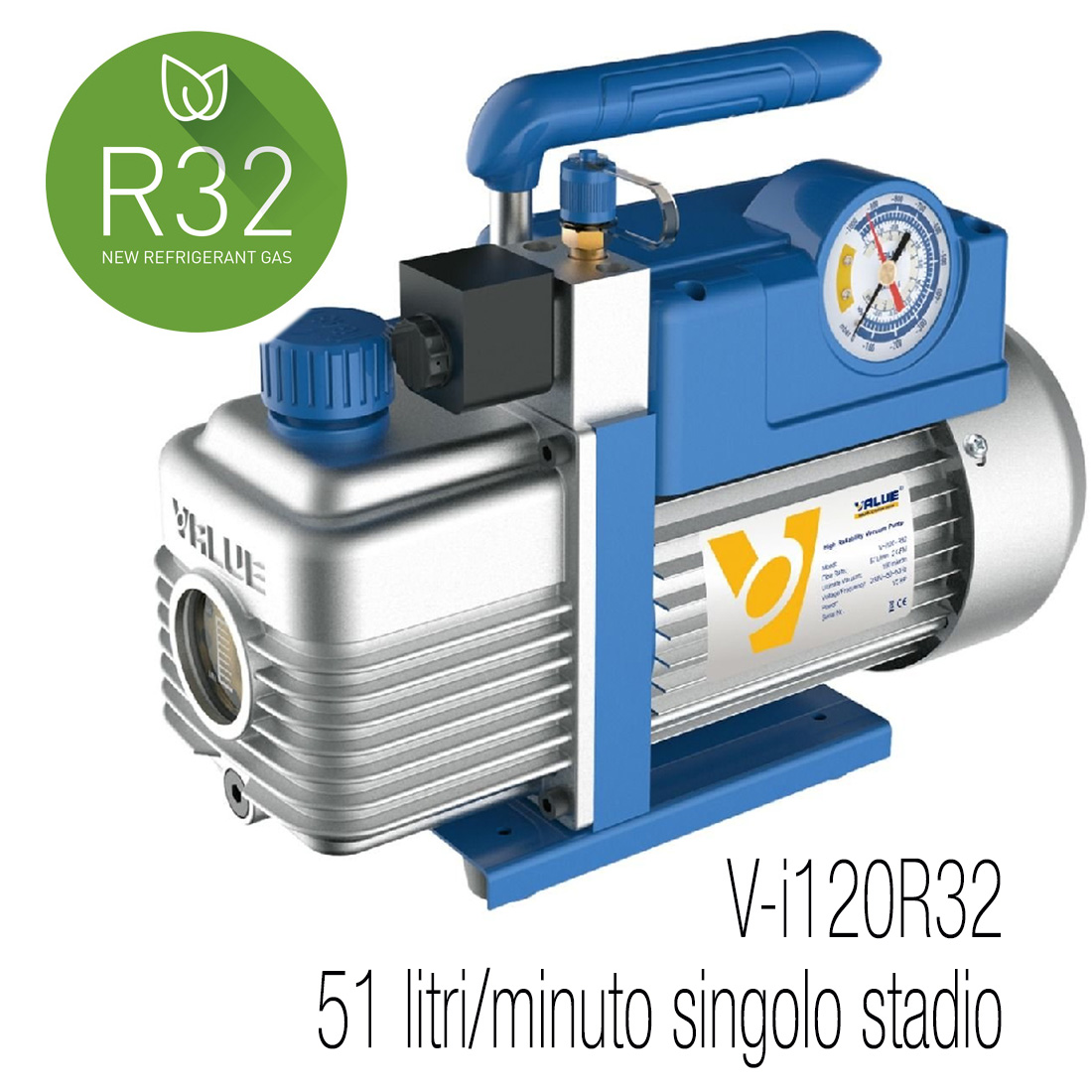 VALUE Pompa vuoto singolo stadio, adatta anche per R32 e A2L, portata 51 litri/minuto, motore 1/4 HP, grado di vuoto 0,2 mbar/20 Pa/150 micron - con elettrovalvola e vacuometro